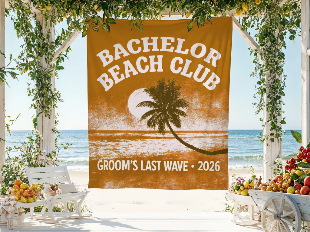 Bachelor Beach Club banner with palm tree and ocean. Groom's Last Wave 2026.