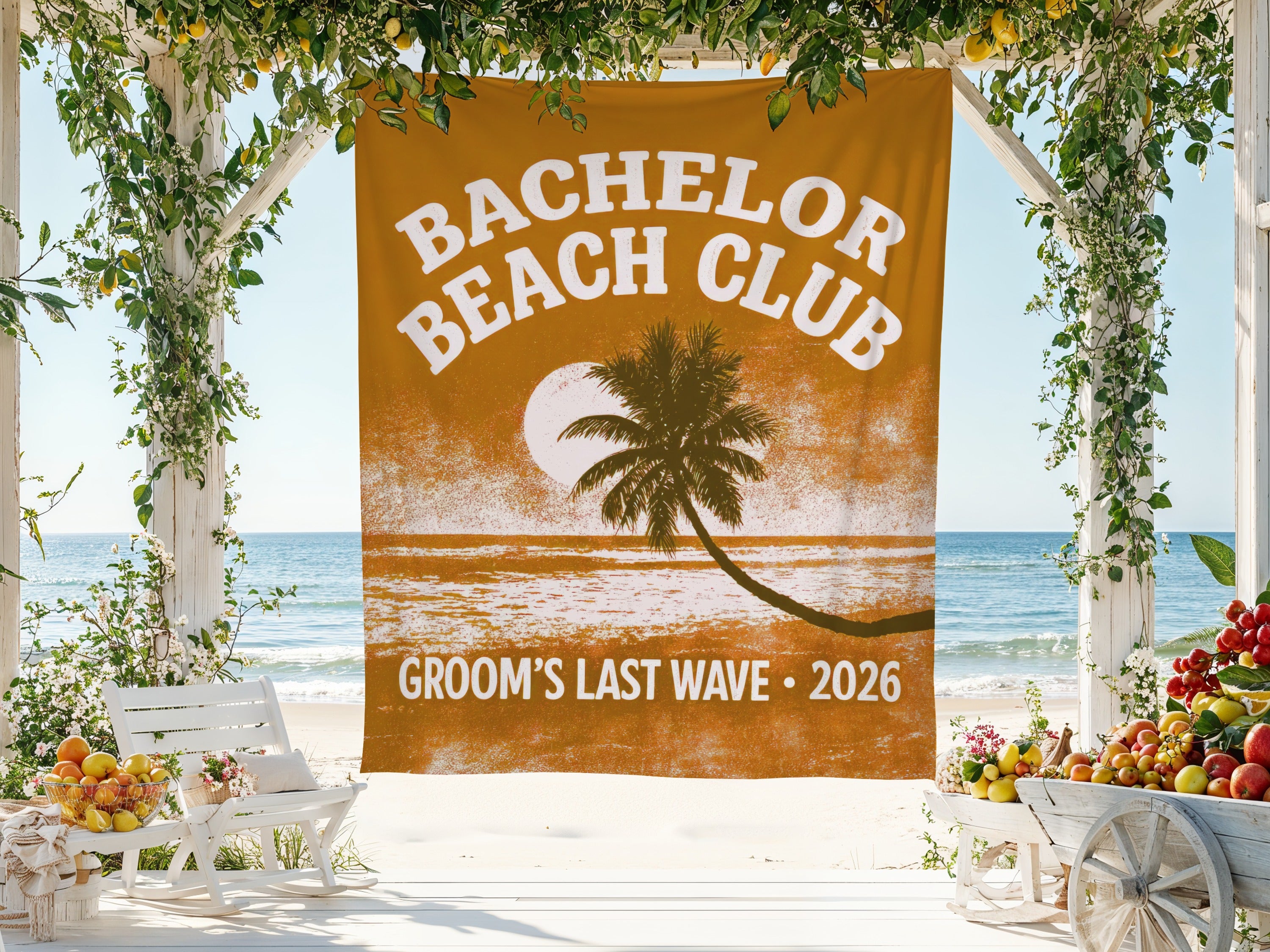 Bachelor Beach Club banner with palm tree and ocean. Groom's Last Wave 2026.