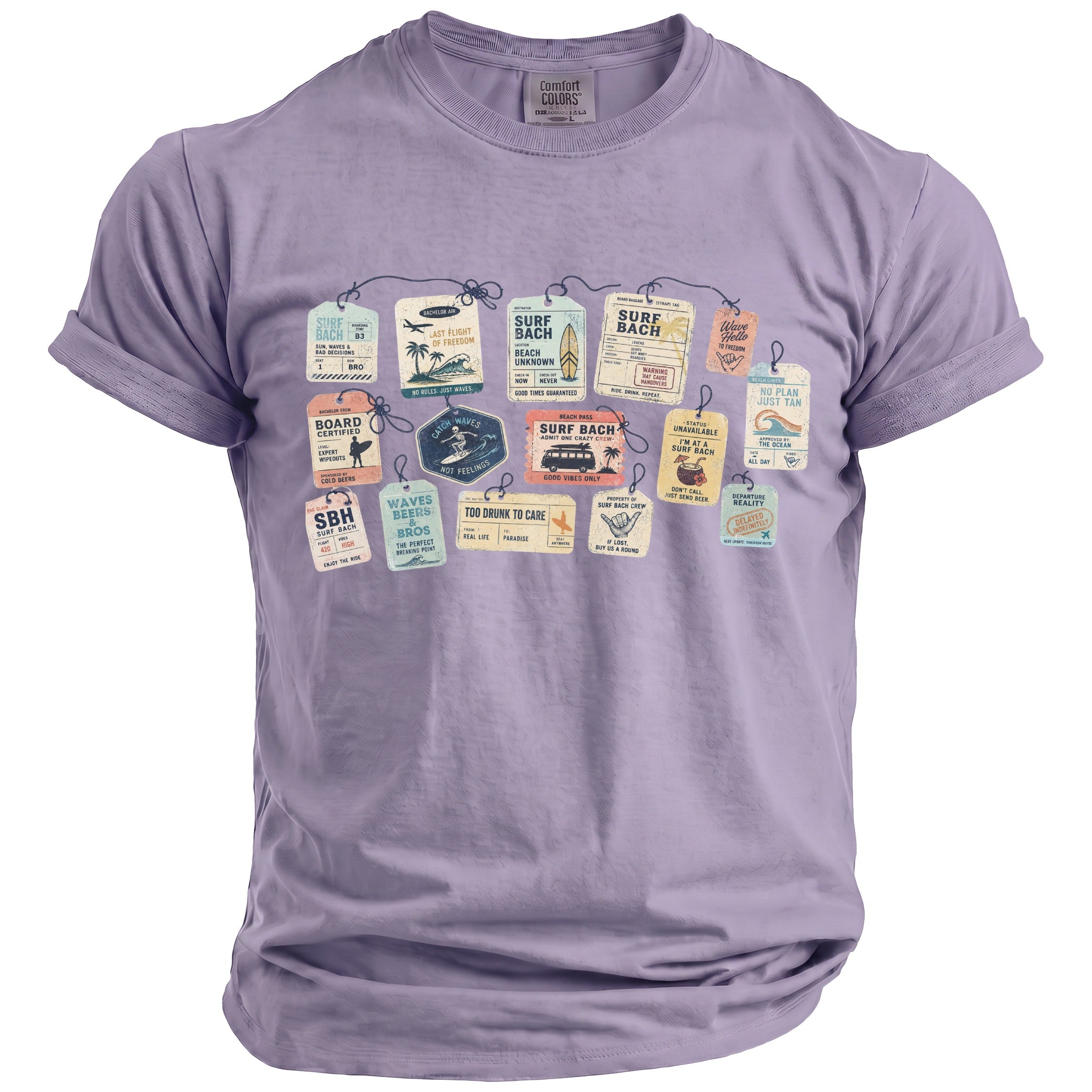 Lilac t-shirt with graphic of vintage luggage tags with surf-themed text and illustrations.