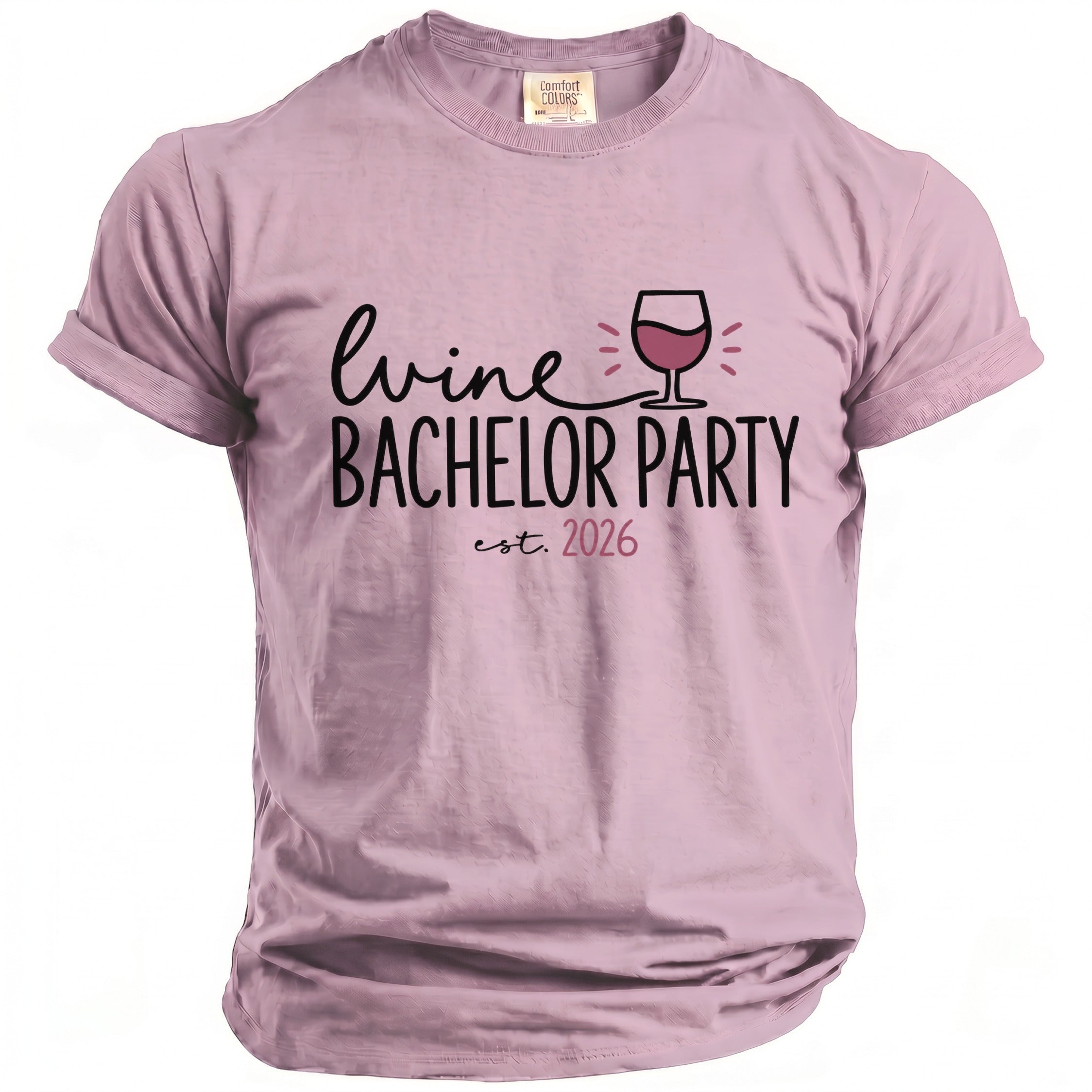 Lavender t-shirt with "wine bachelor party est. 2026" and wine glass graphic.