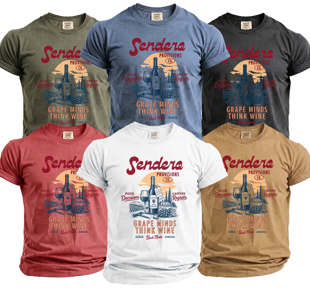 T-shirts with "Grape Minds Think Wine" graphic in various colors.