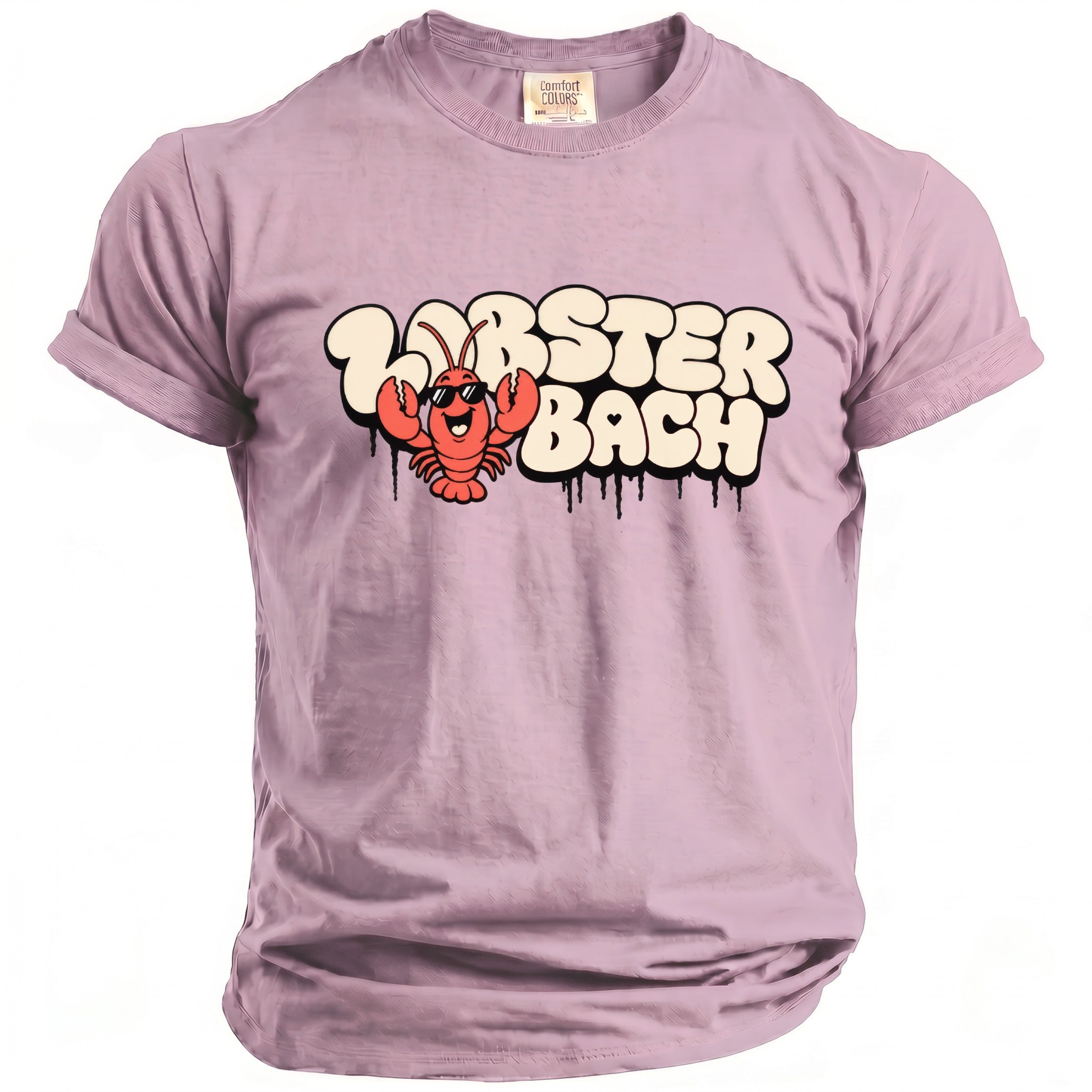 Lilac Comfort Colors t-shirt with a cartoon lobster and "Lobster Bach" text.