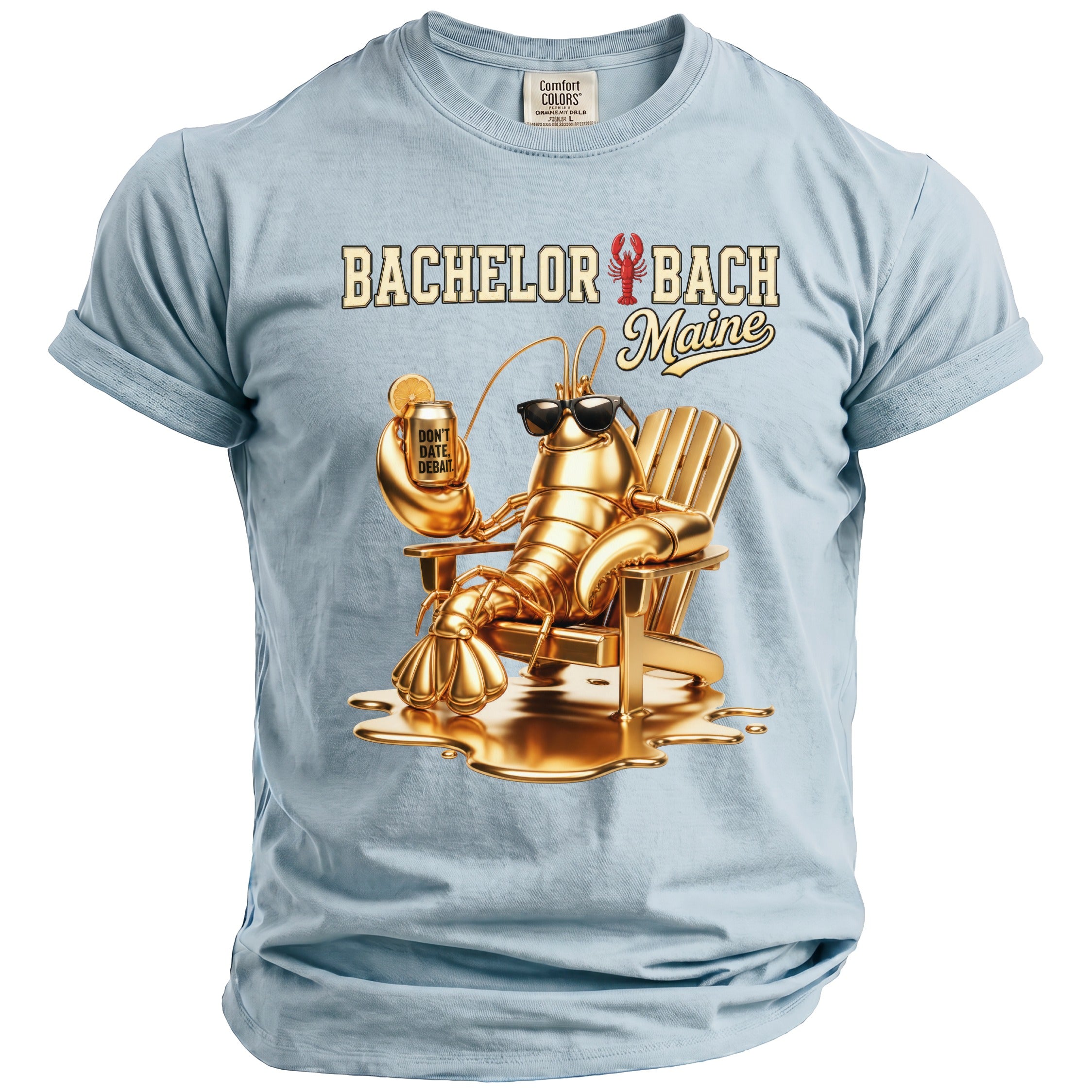 Light blue t-shirt with gold lobster graphic and "Bachelor Bach Maine" text.