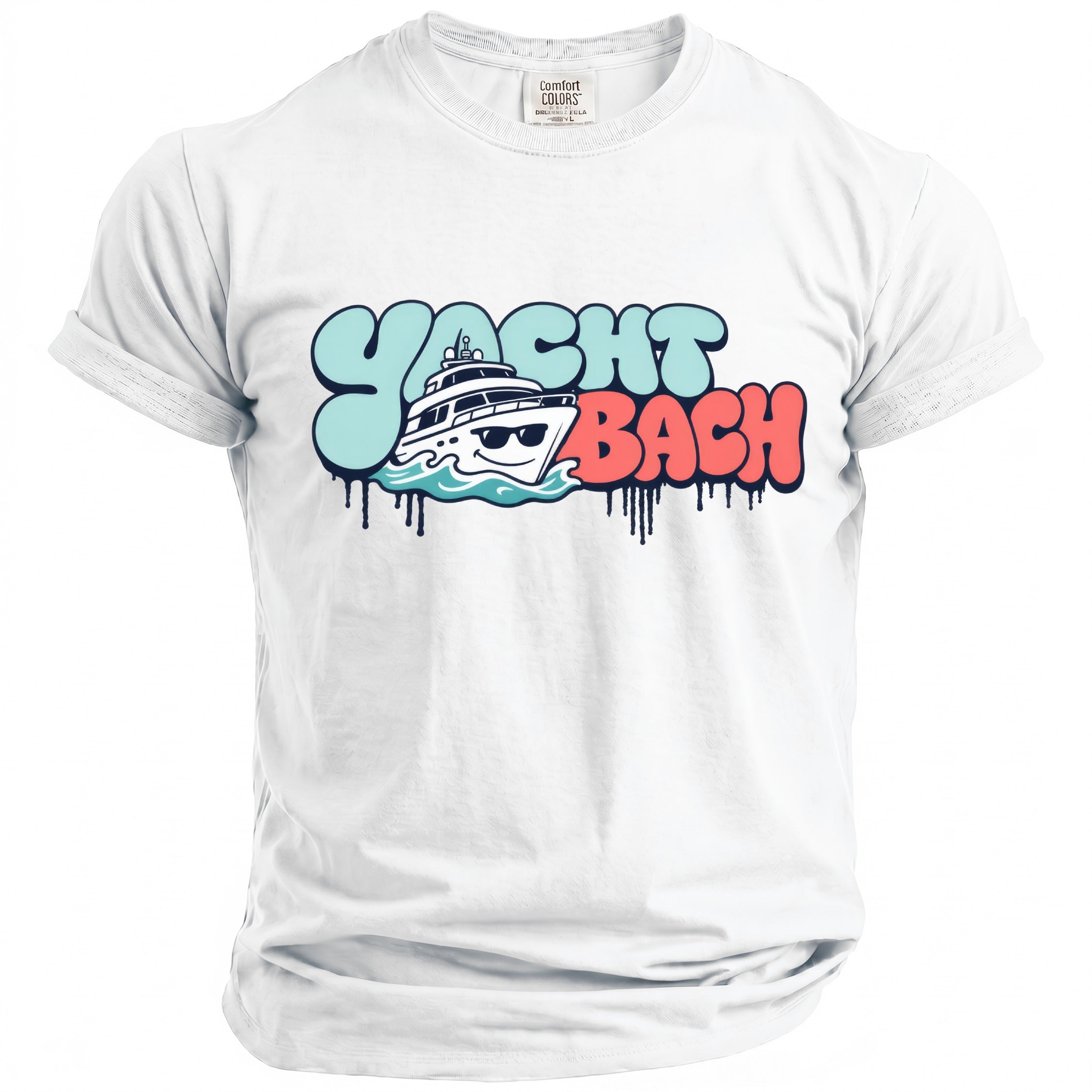 White t-shirt with bubble letters spelling "YACHT BACH" and a yacht graphic.