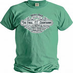 Green T-shirt with "Mike's Bach The Final Countdown Malibu CA Summer 2026" graphic.