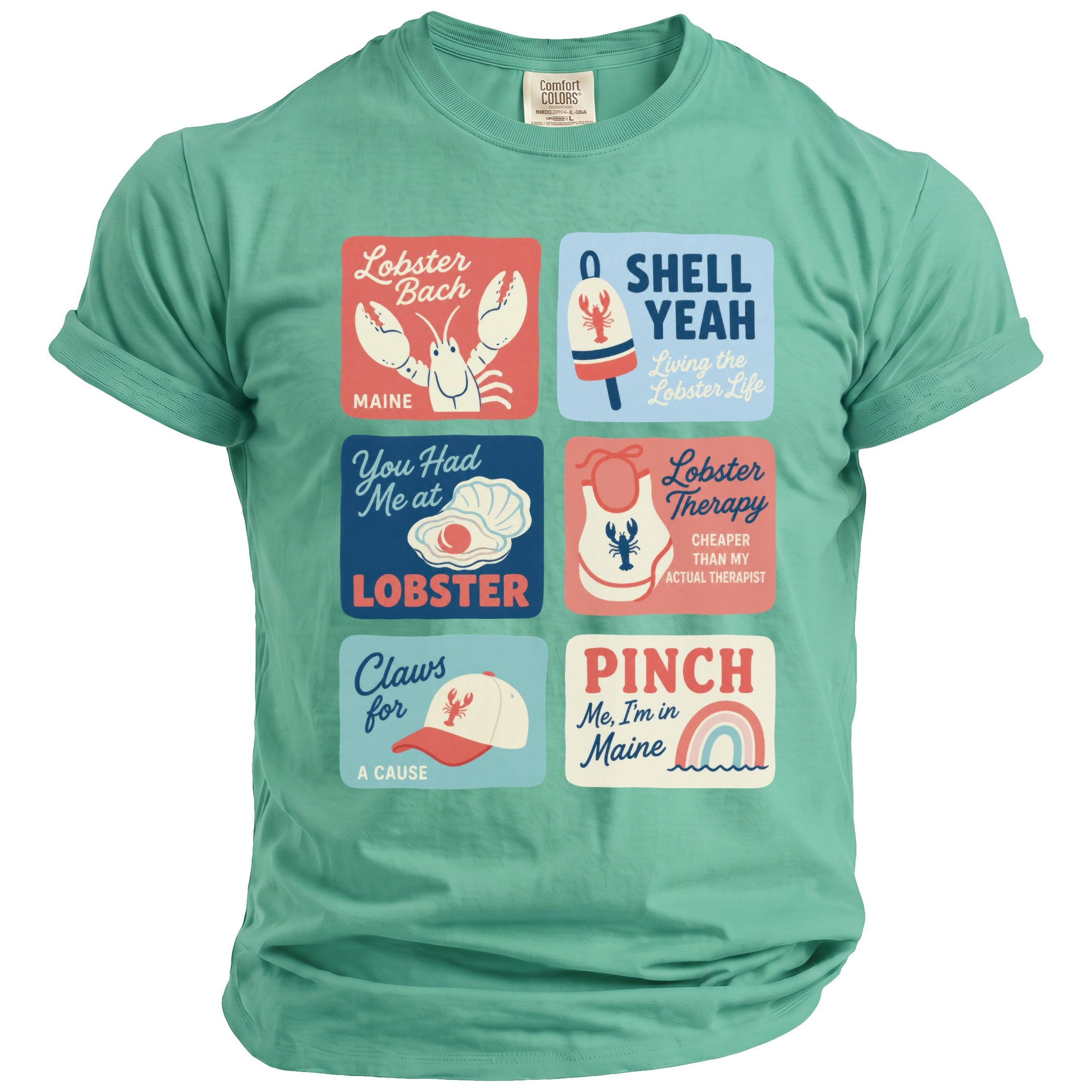 Green t-shirt with six Maine-themed graphic squares featuring lobsters and sayings.