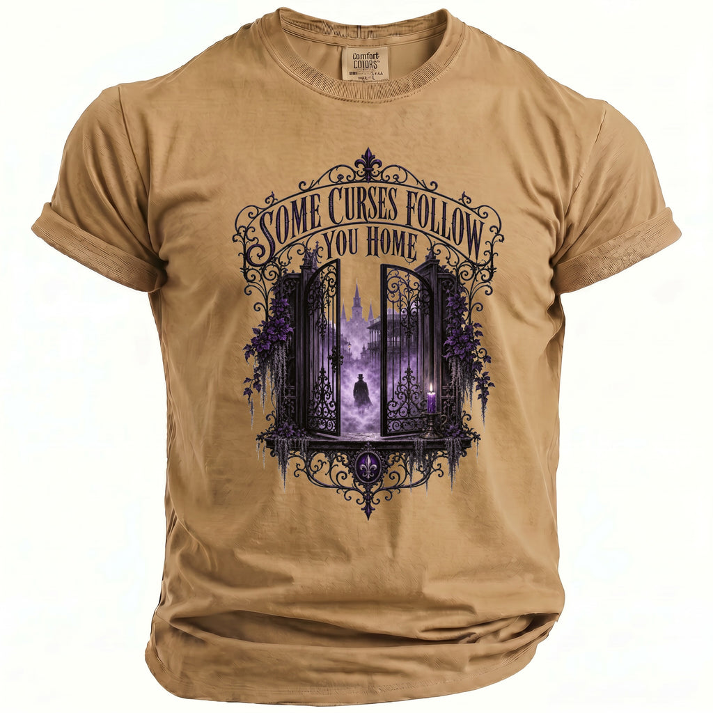 Tan t-shirt with gothic gate graphic and "Some Curses Follow You Home" text.