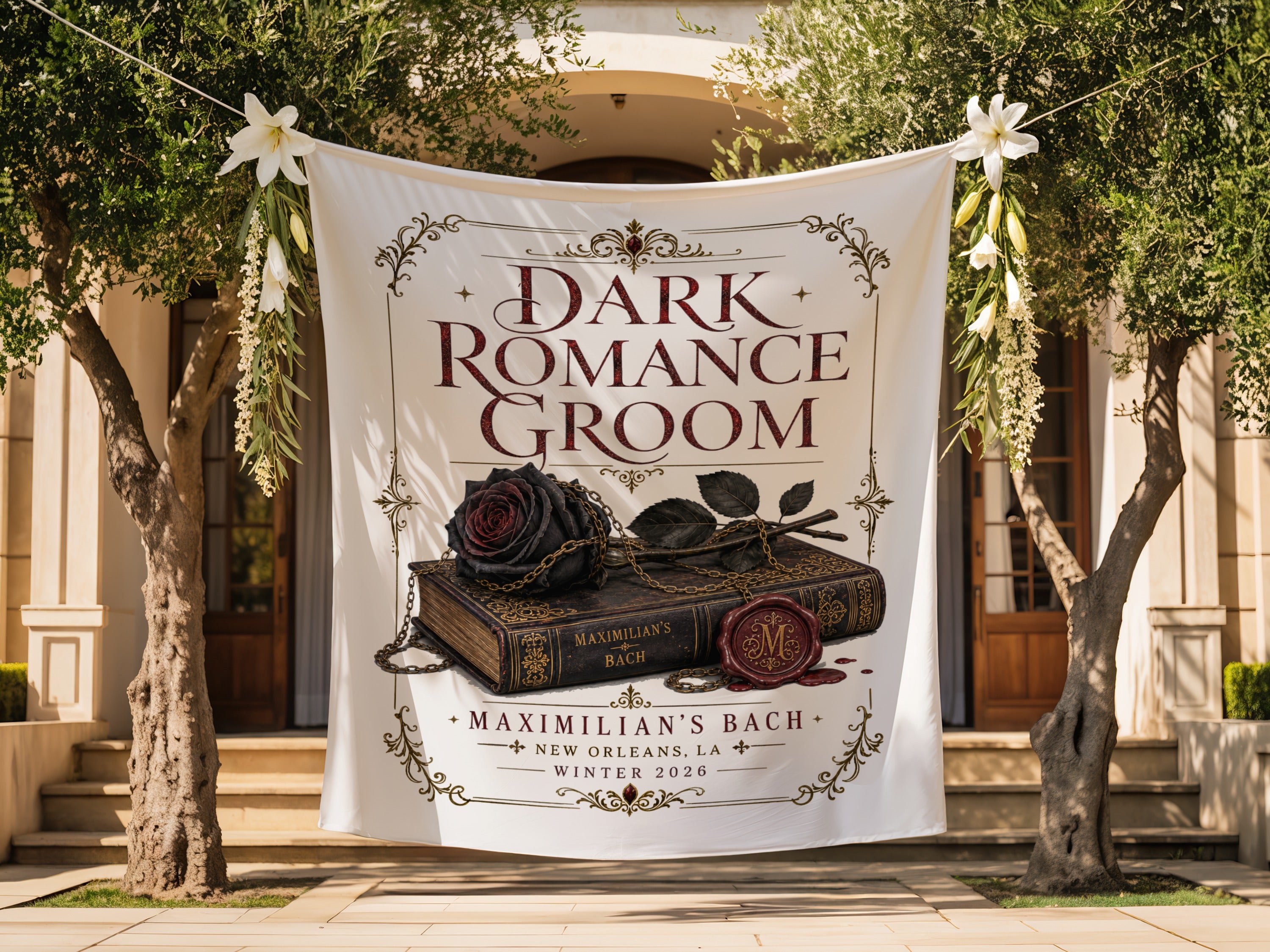 Dark Romance Groom banner with book, rose, and "Maximilian's Bach" text. Winter 2026.
