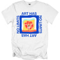 White t-shirt with blue text "ART HAS NO LIMITS" and floral graphic.