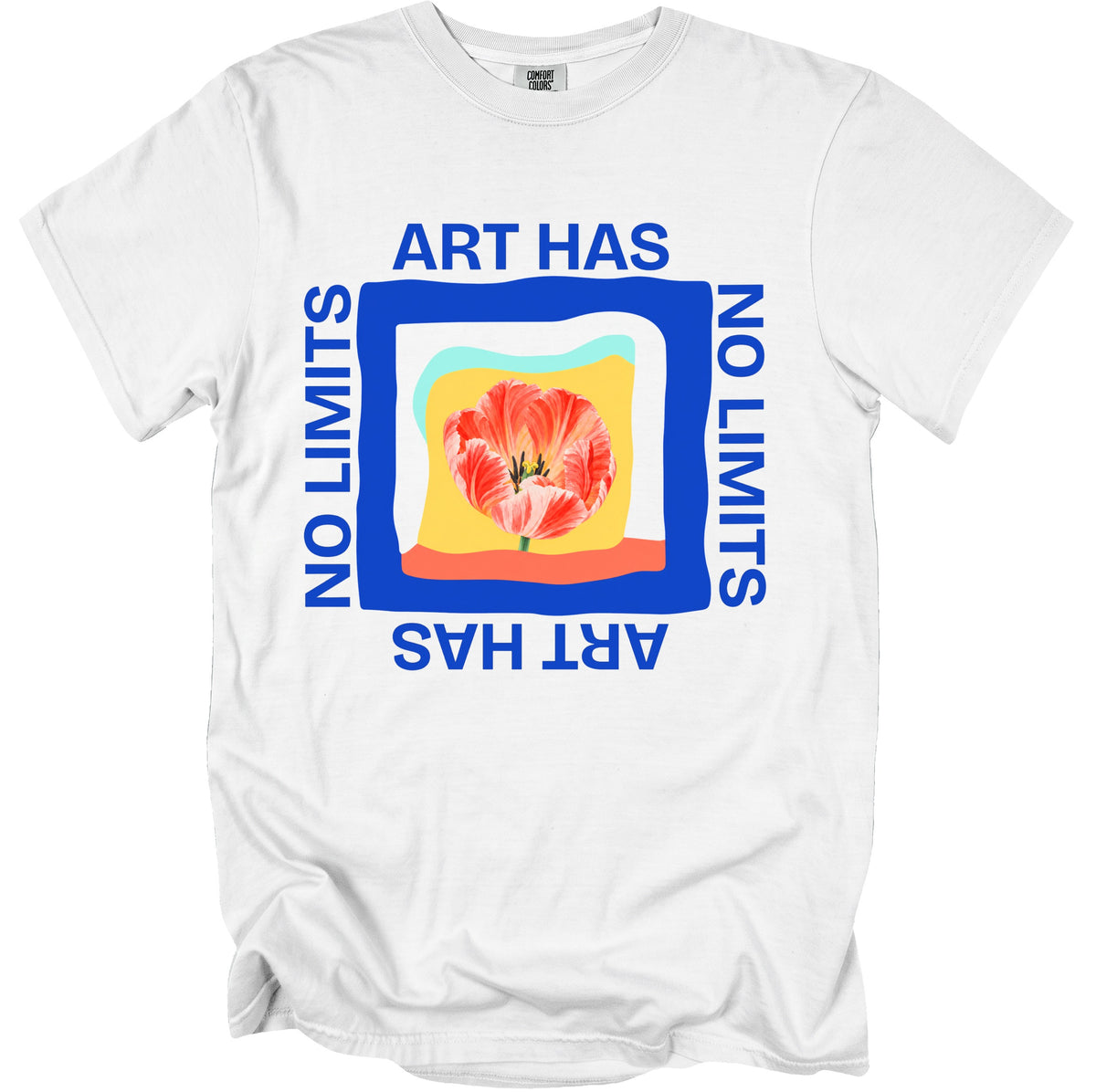 White t-shirt with blue text "ART HAS NO LIMITS" and floral graphic.