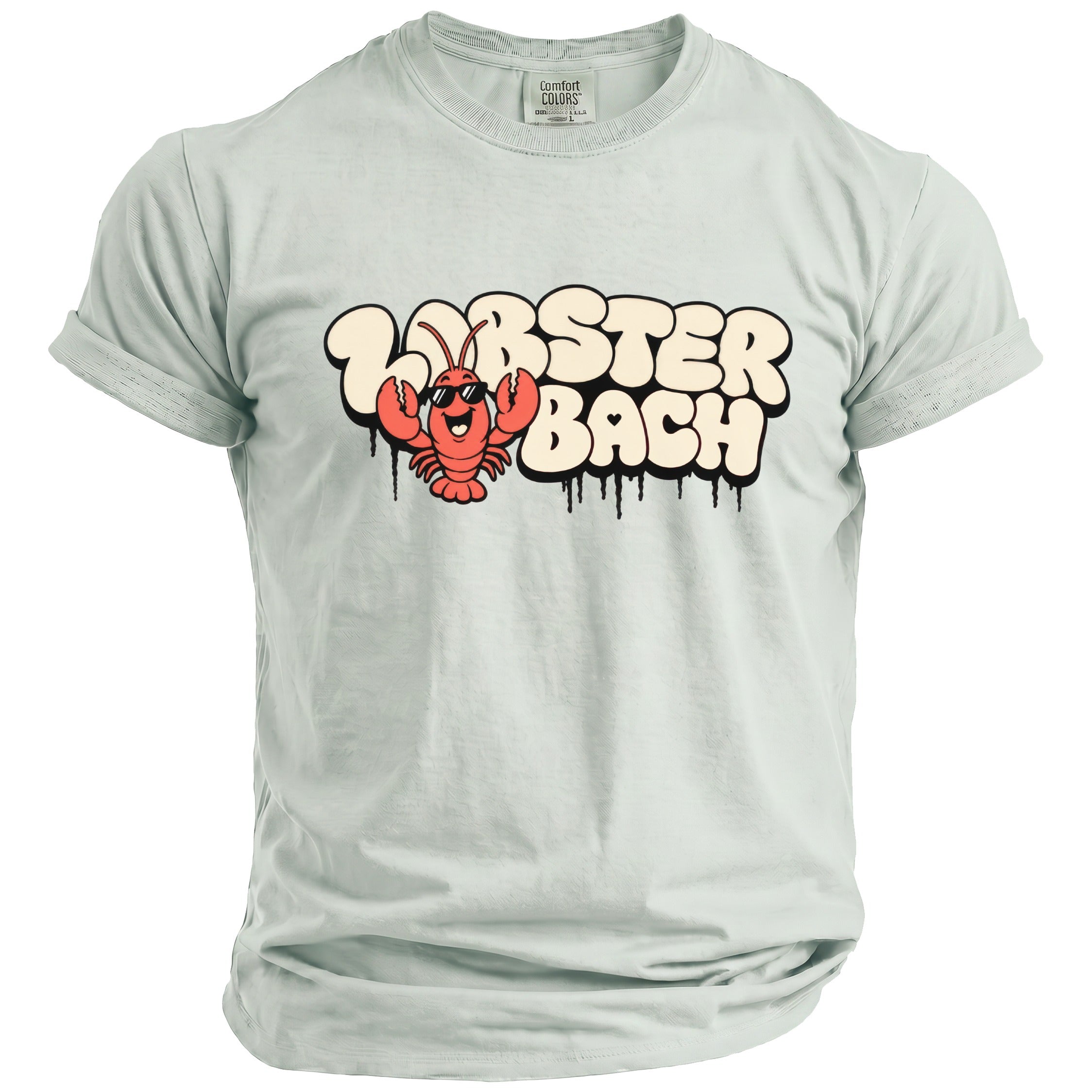 Light blue t-shirt with a graphic of a smiling lobster and the text "LOBSTER BACH".