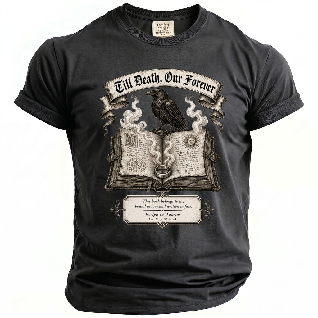 Dark t-shirt design with raven on open book with text "Till Death, Our Forever" and names.