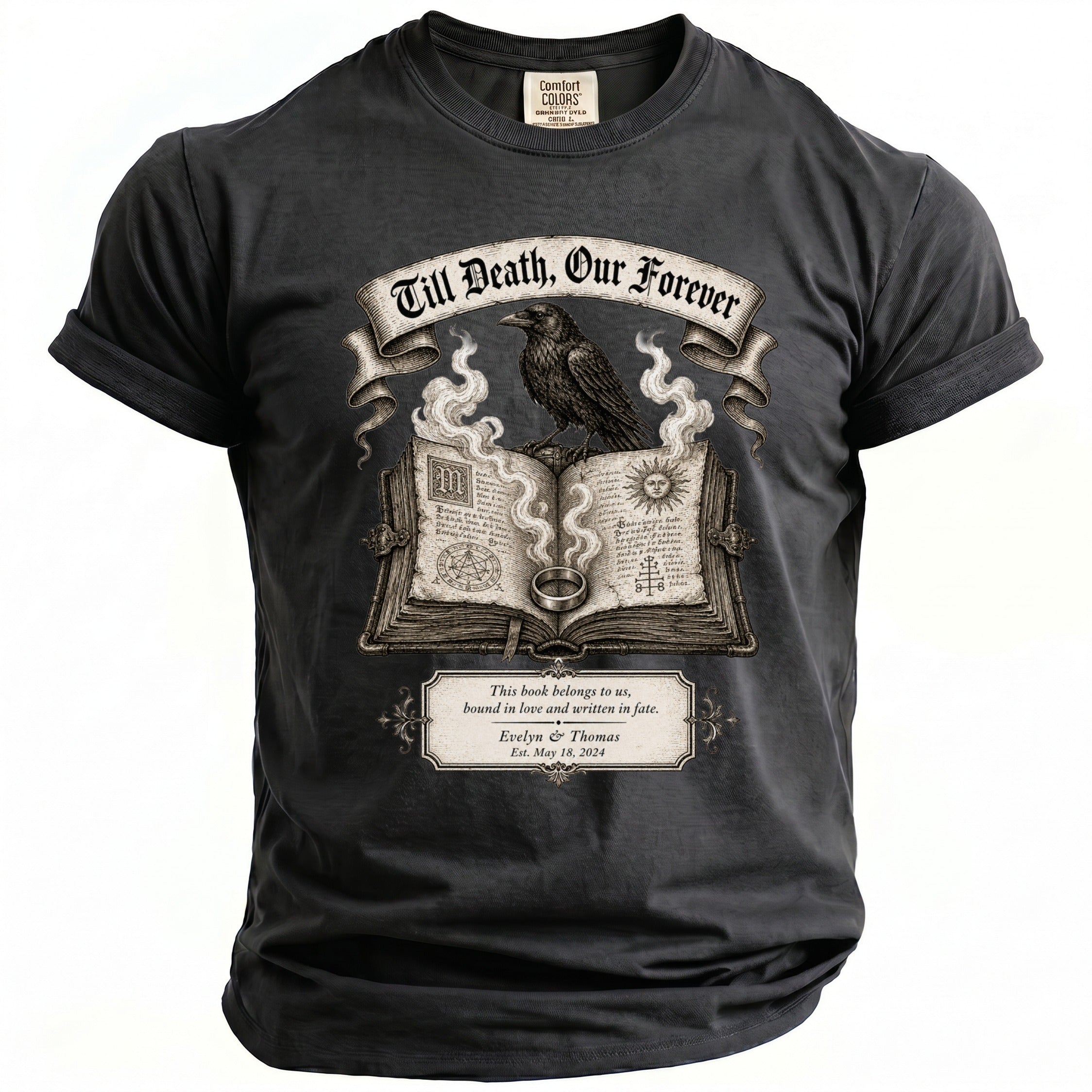 Dark t-shirt design with raven on open book with text "Till Death, Our Forever" and names.