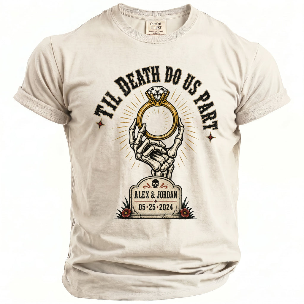 T-shirt design with skeletal hand holding ring and text "Til Death Do Us Part Alex & Jordan 05-25-2024".