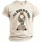 T-shirt design with skeletal hand holding ring and text "Til Death Do Us Part Alex & Jordan 05-25-2024".