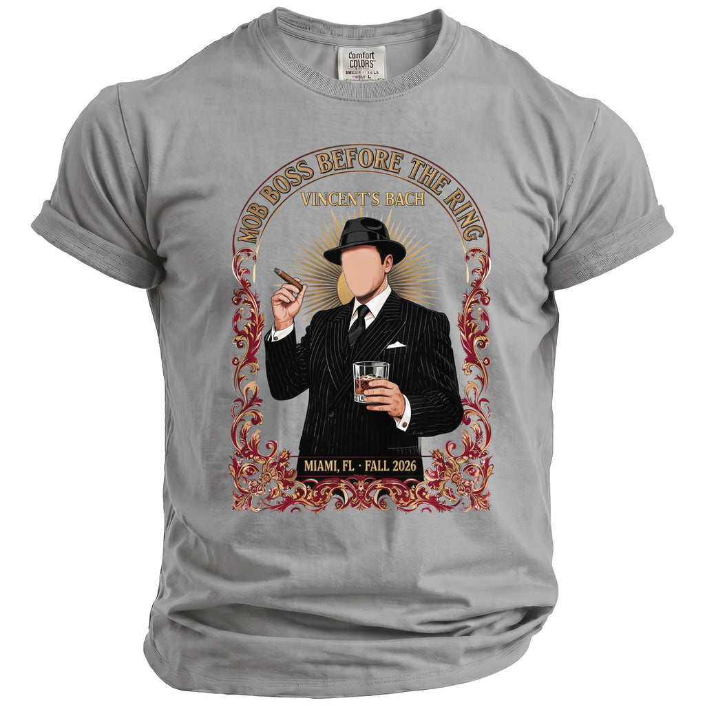 Gray t-shirt with Mob Boss Before The Ring graphic featuring a man with a cigar and drink.