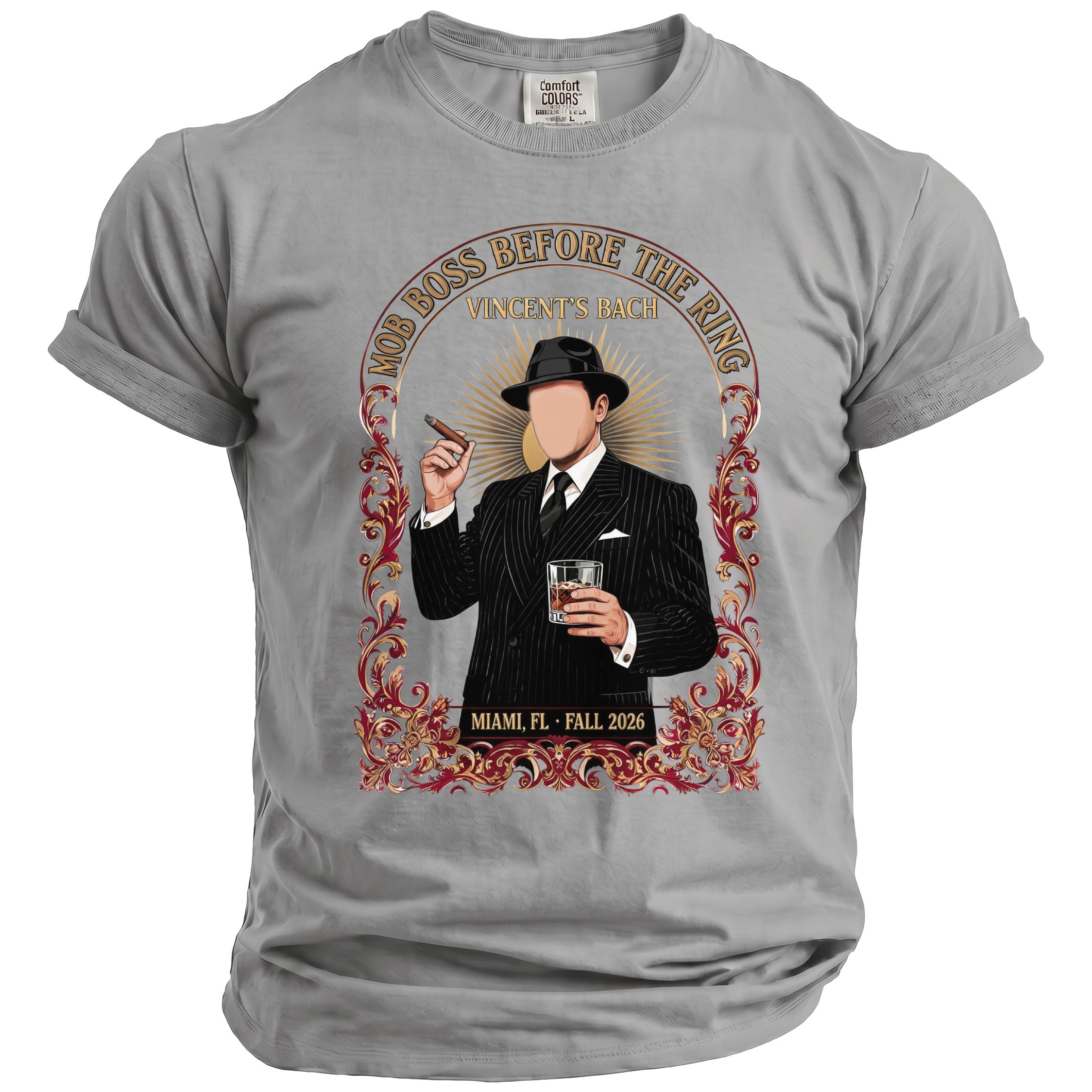 Gray t-shirt with Mob Boss Before The Ring graphic featuring a man with a cigar and drink.