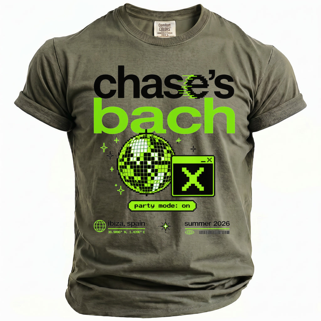 Olive t-shirt with "chase's bach" and pixelated disco ball graphics.
