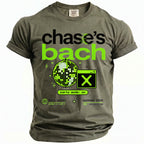 Olive t-shirt with "chase's bach" and pixelated disco ball graphics.