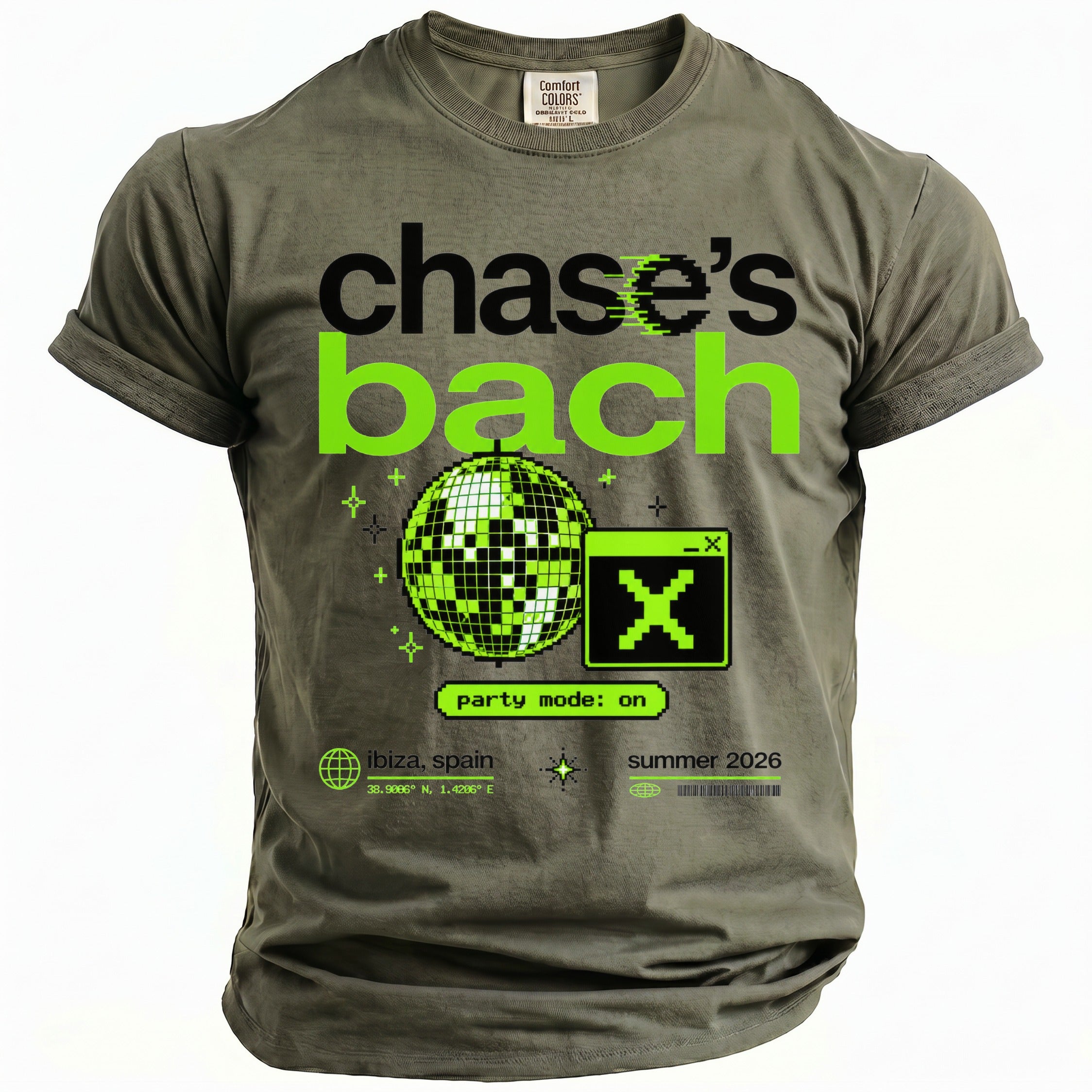 Olive t-shirt with "chase's bach" and pixelated disco ball graphics.