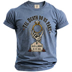 Skeleton hand holding ring with text "Til Death Do Us Part," "Alex & Jordan," and "05-25-2024."