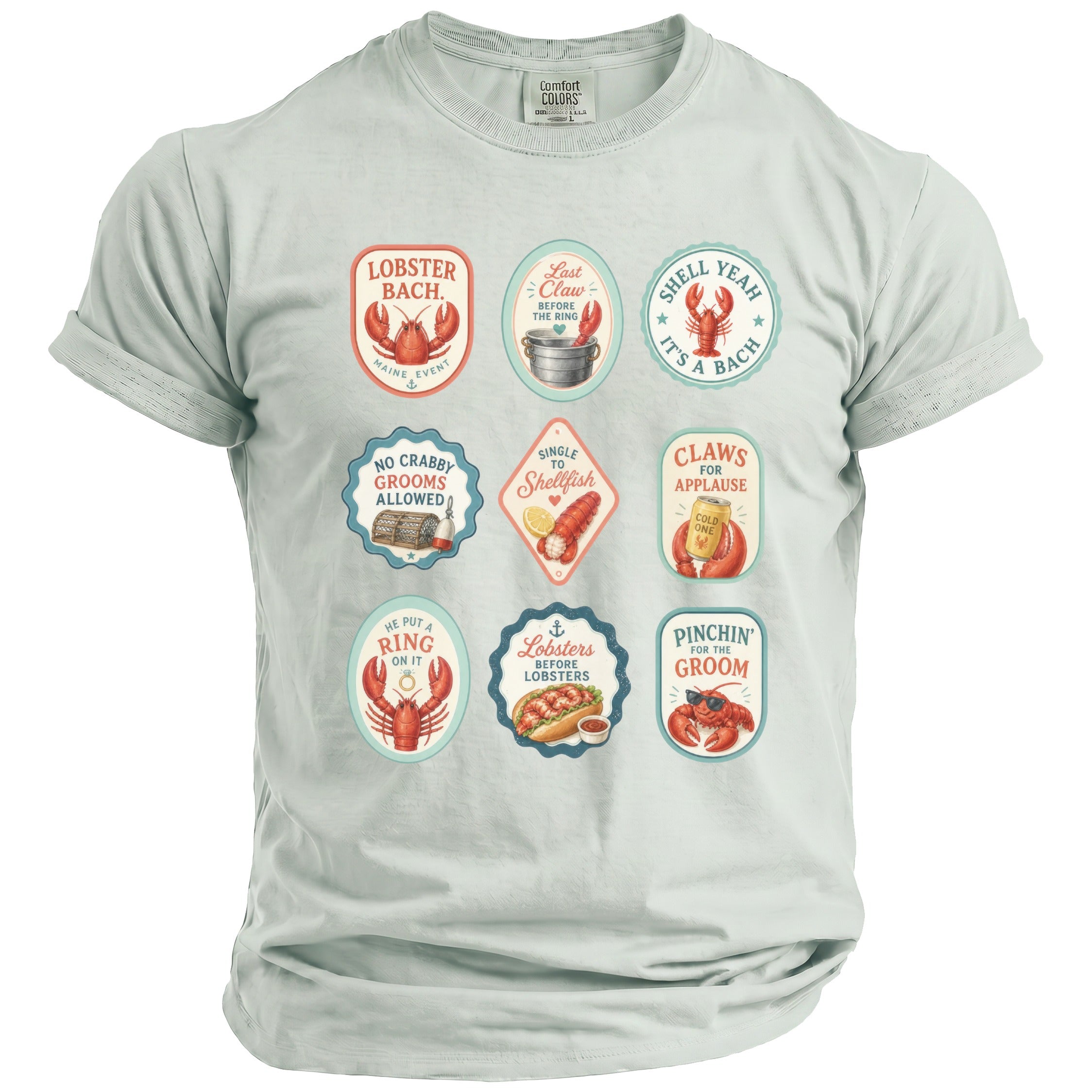 Light blue t-shirt with nine oval graphics featuring lobsters and phrases like "Lobster Bach" and "Shell Yeah".
