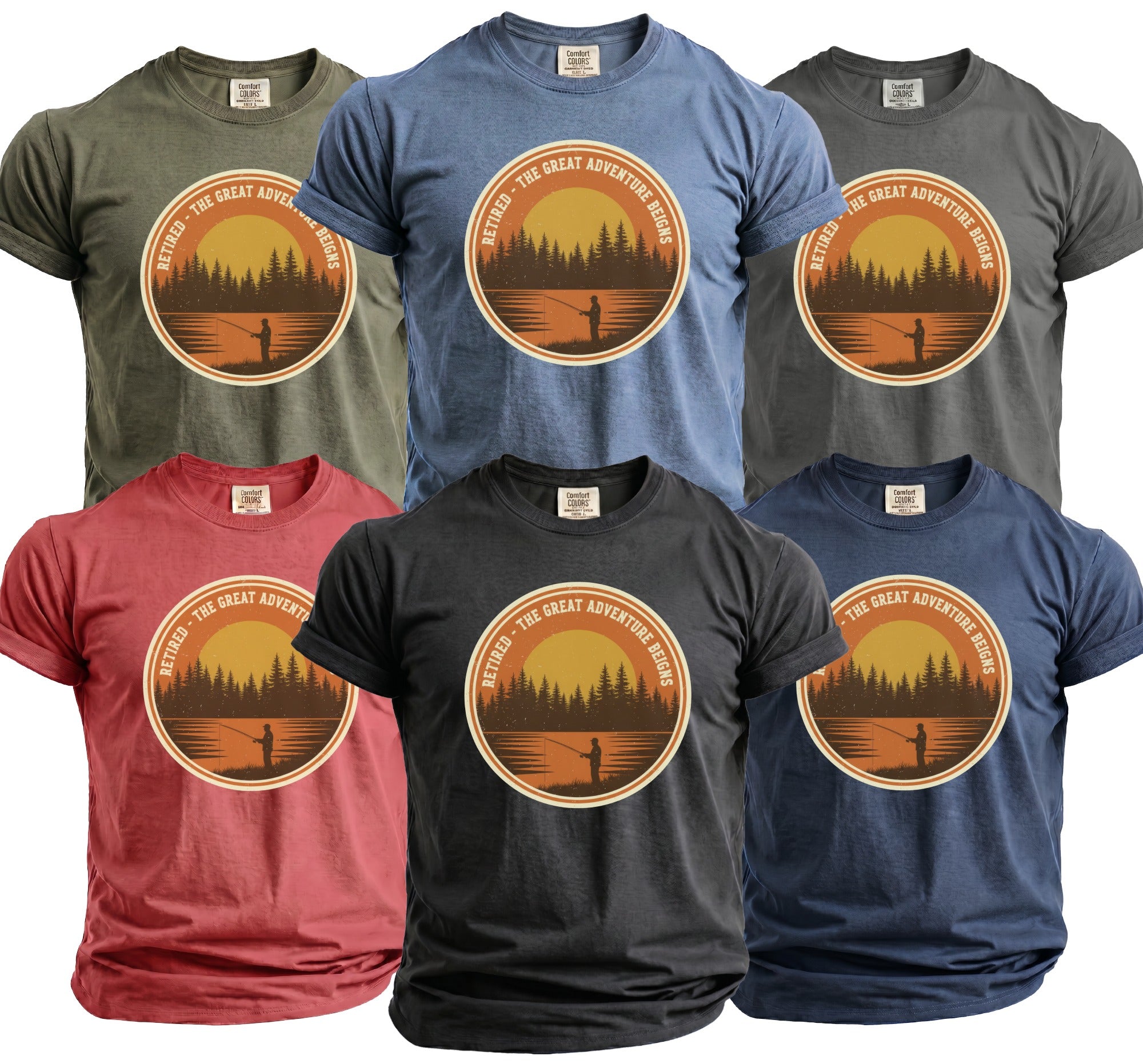T-shirts with "Retired - The Great Adventure Reigns" fishing graphic on front.