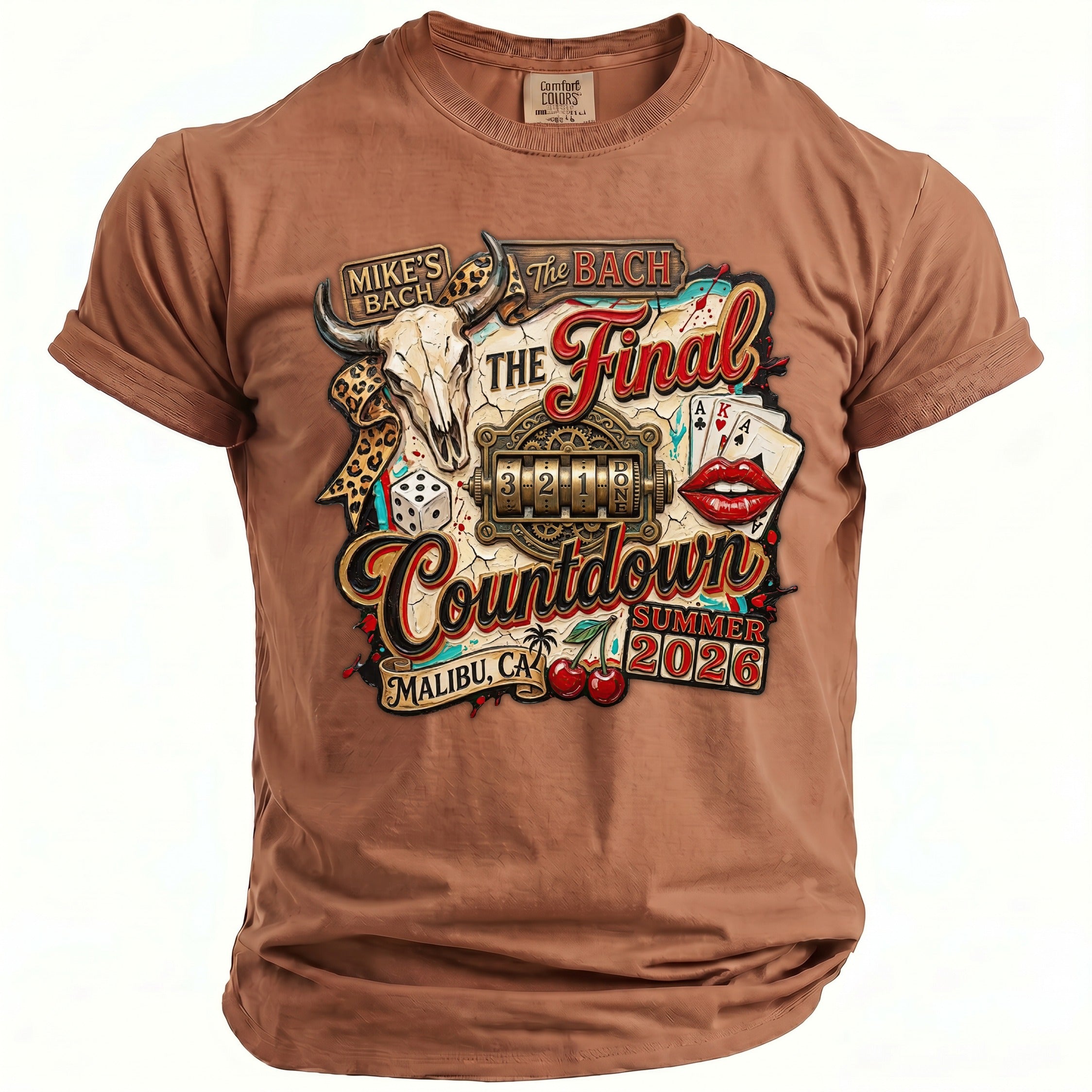 Brown t-shirt with "The Bach Final Countdown" casino and bull skull graphic.