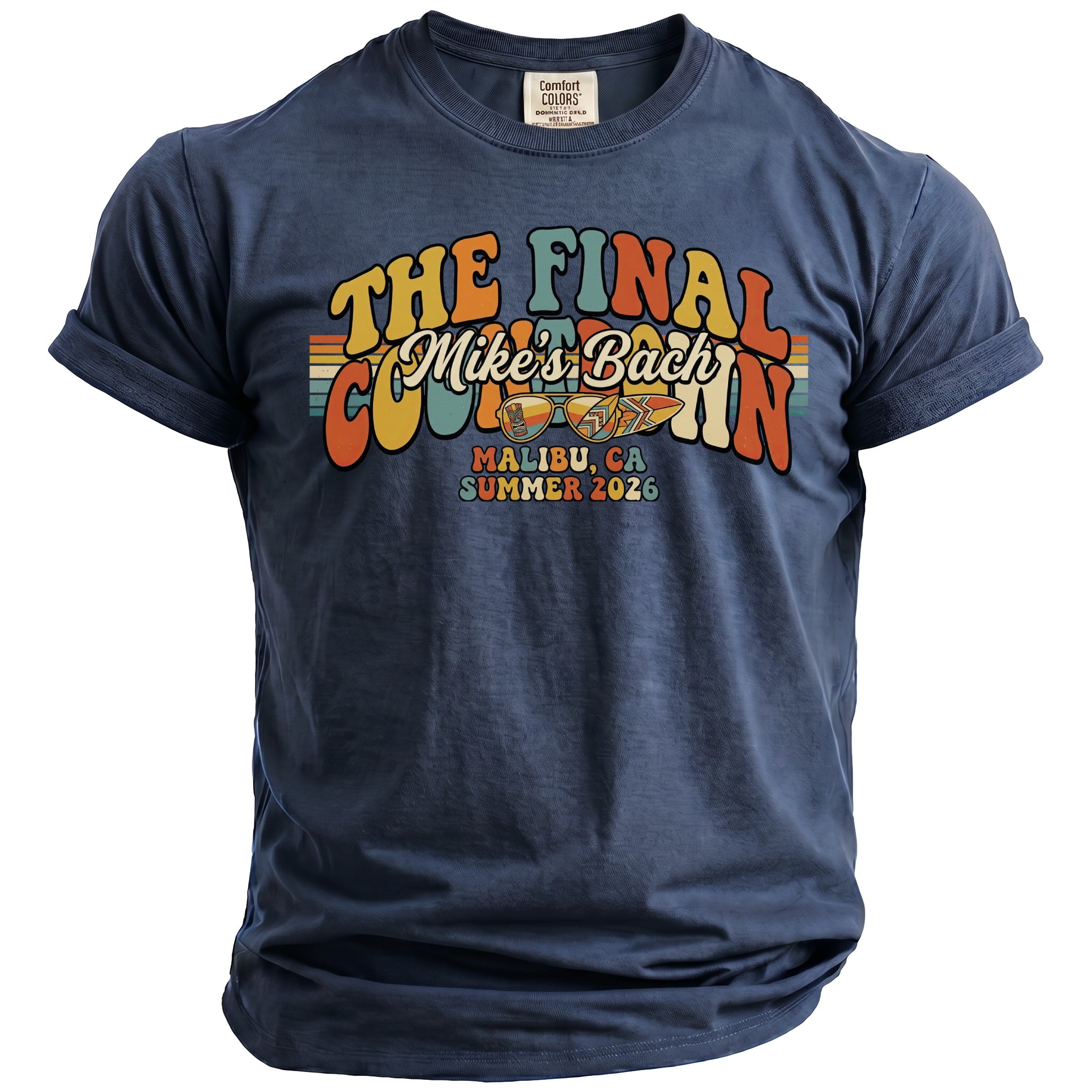 Navy t-shirt with "The Final Mike's Bach" graphic and Malibu, CA Summer 2026.