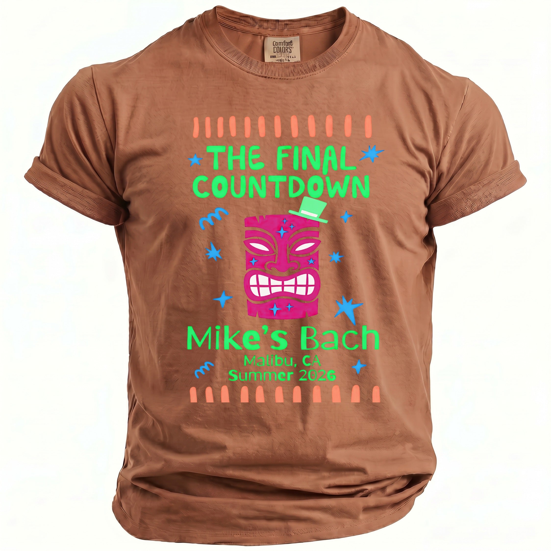 Brown t-shirt with "The Final Countdown" and "Mike's Bach Malibu, CA Summer 2026".