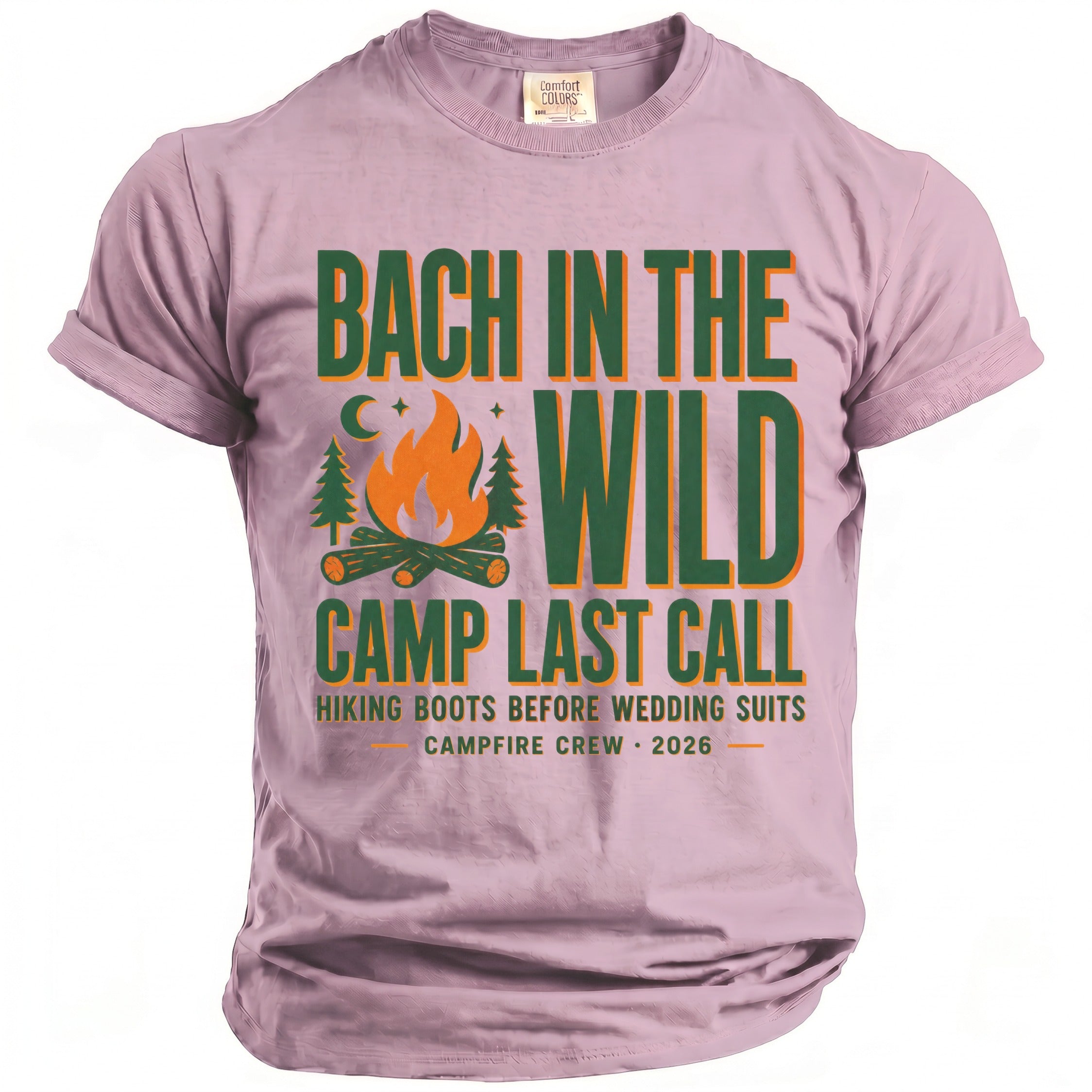 Pink t-shirt with "Bach in the Wild" and "Camp Last Call" graphics.