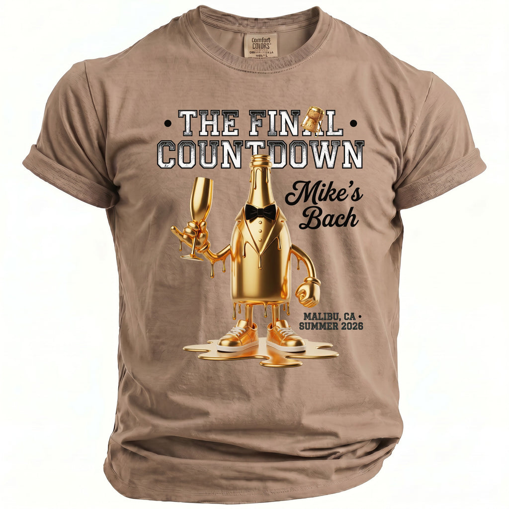 T-shirt with gold man-shaped champagne bottle graphic, "The Final Countdown" and "Mike's Bach".