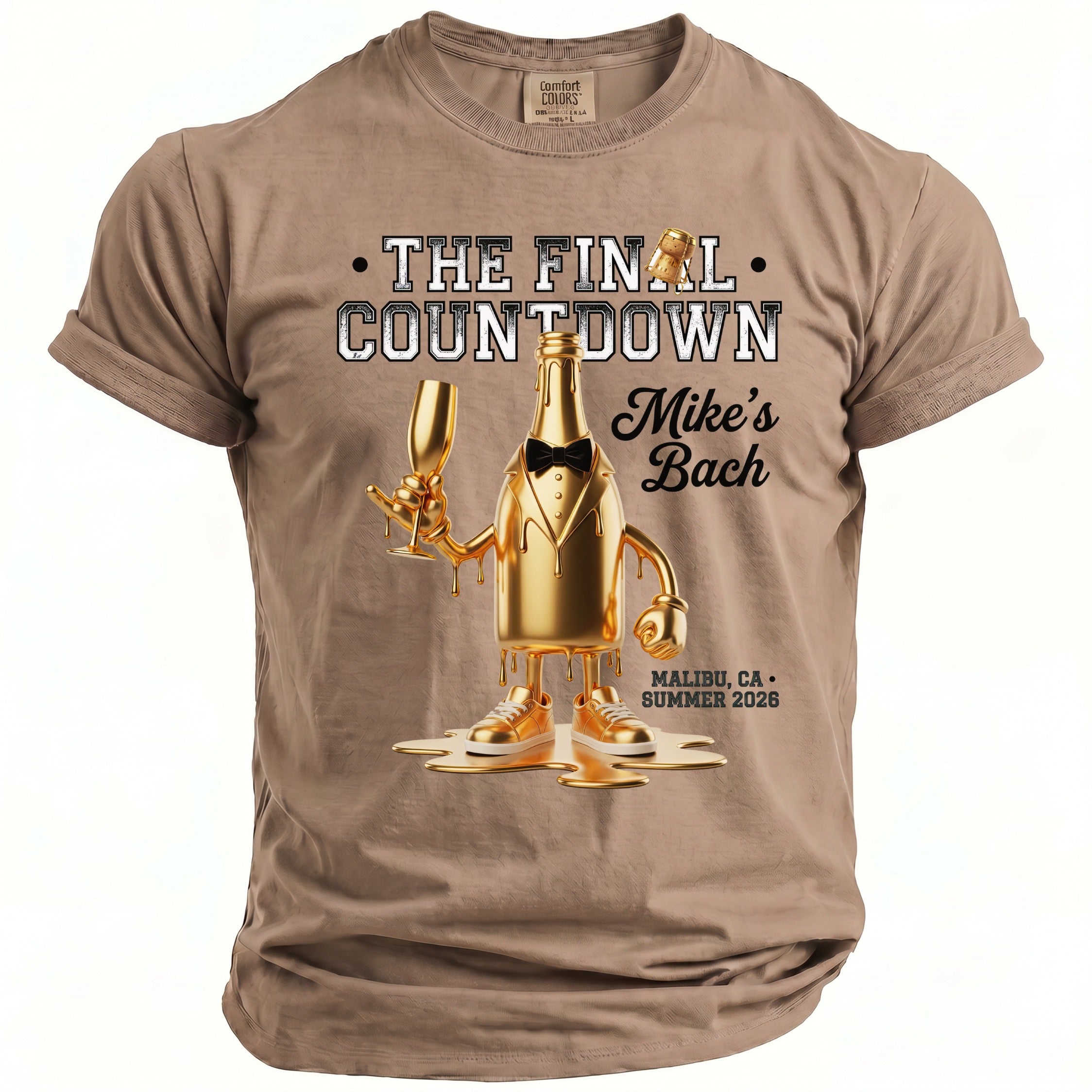 T-shirt with gold man-shaped champagne bottle graphic, "The Final Countdown" and "Mike's Bach".