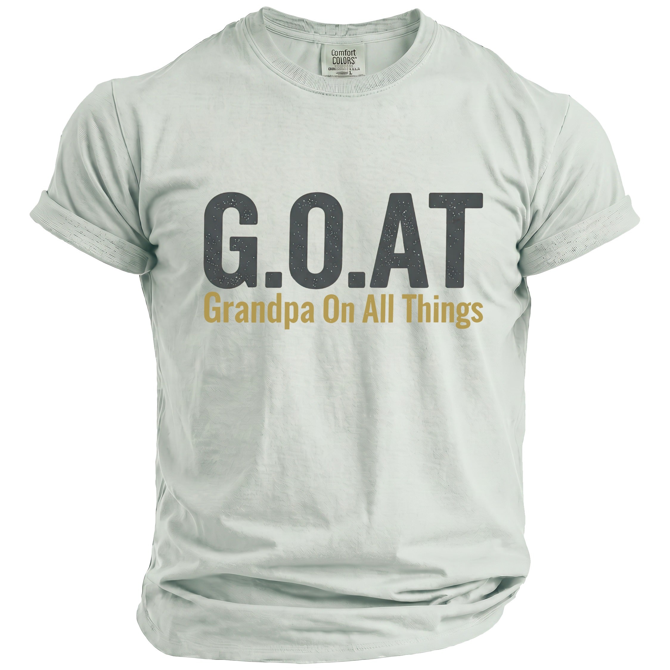 Light blue t-shirt with "G.O.A.T. Grandpa On All Things" graphic.