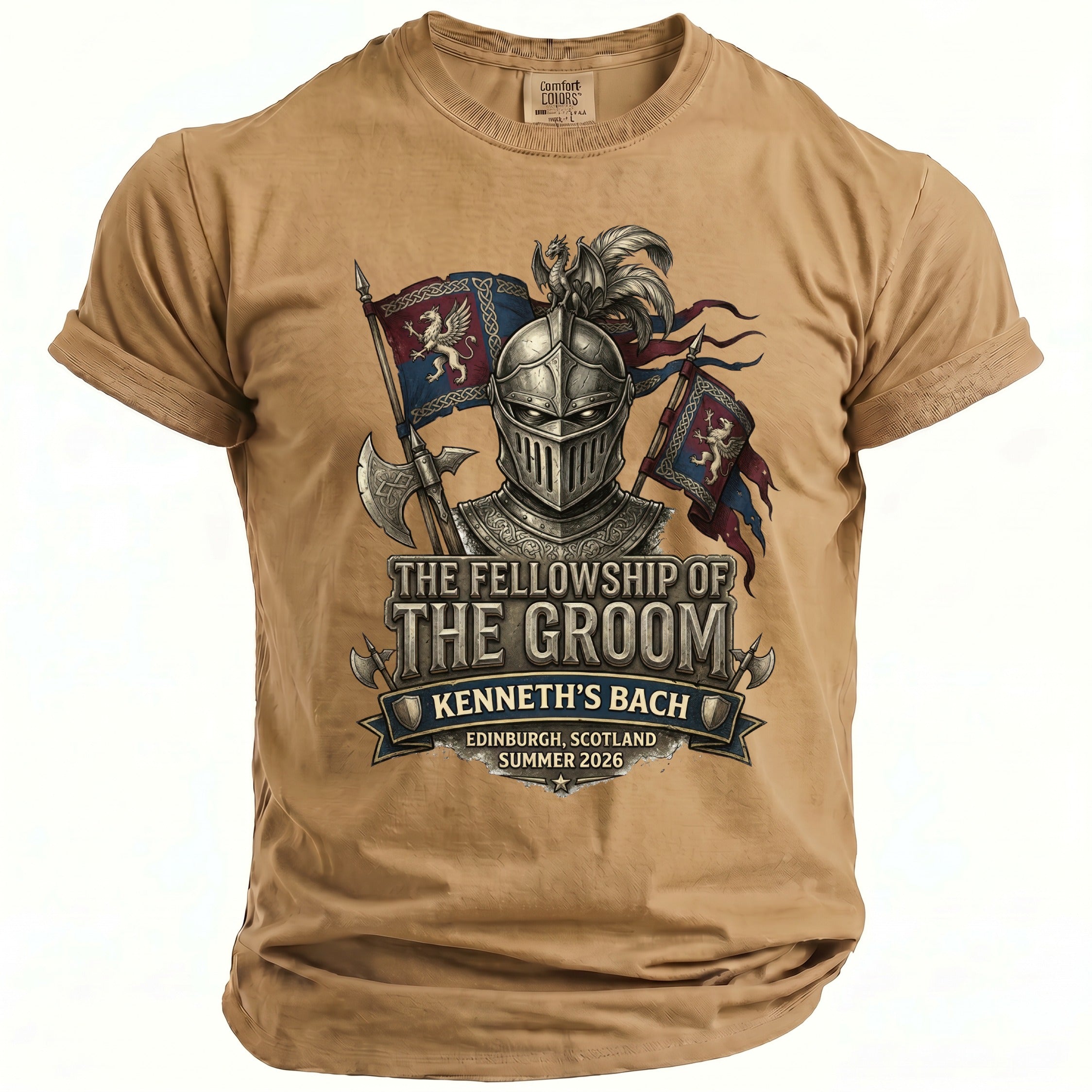 Khaki t-shirt with "The Fellowship of the Groom Kenneth's Bach" design.