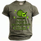 Olive green t-shirt with pixel art disco ball and text reading "party mode: on", "chase's savage bach", "ibiza, spain summer 2026".