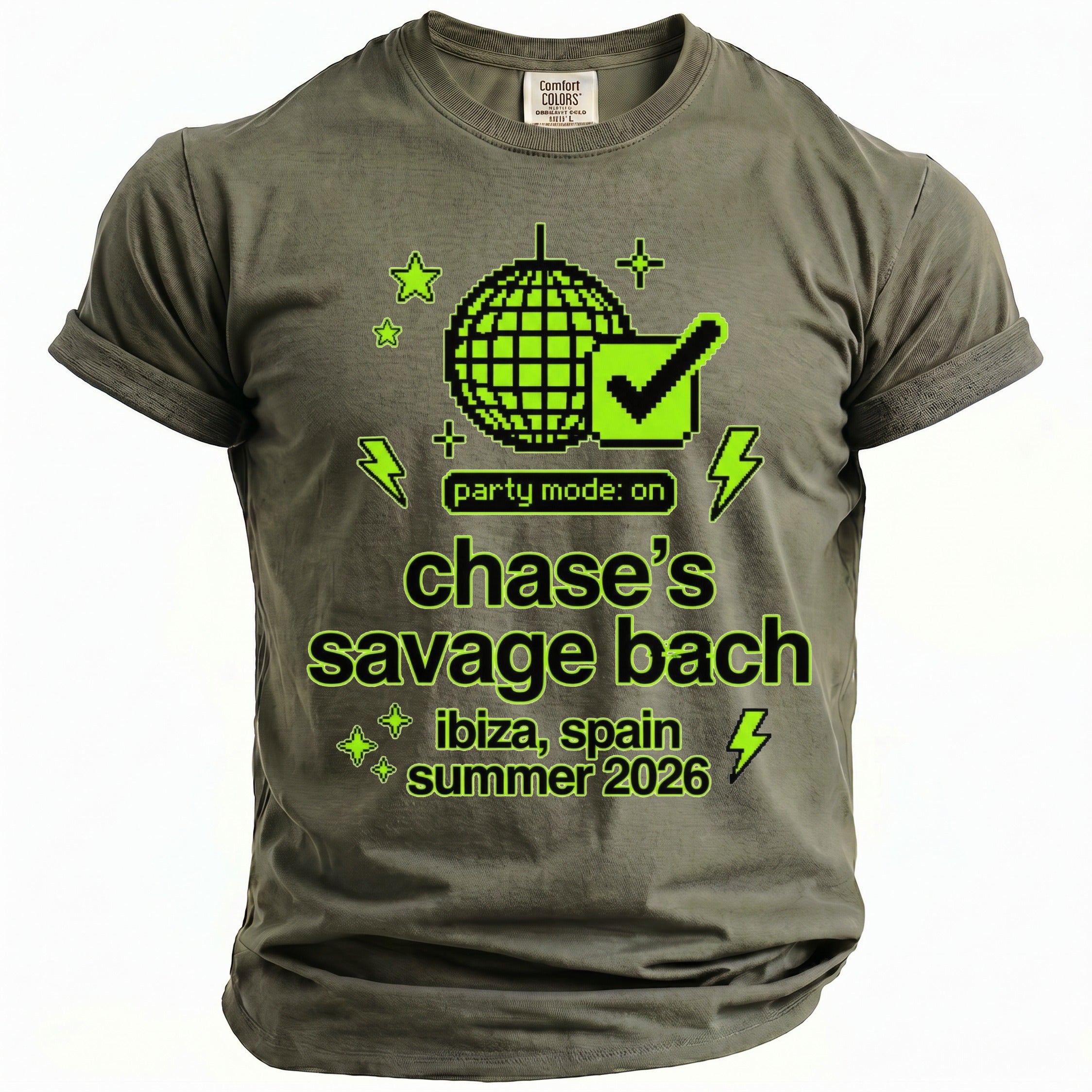 Olive green t-shirt with pixel art disco ball and text reading "party mode: on", "chase's savage bach", "ibiza, spain summer 2026".