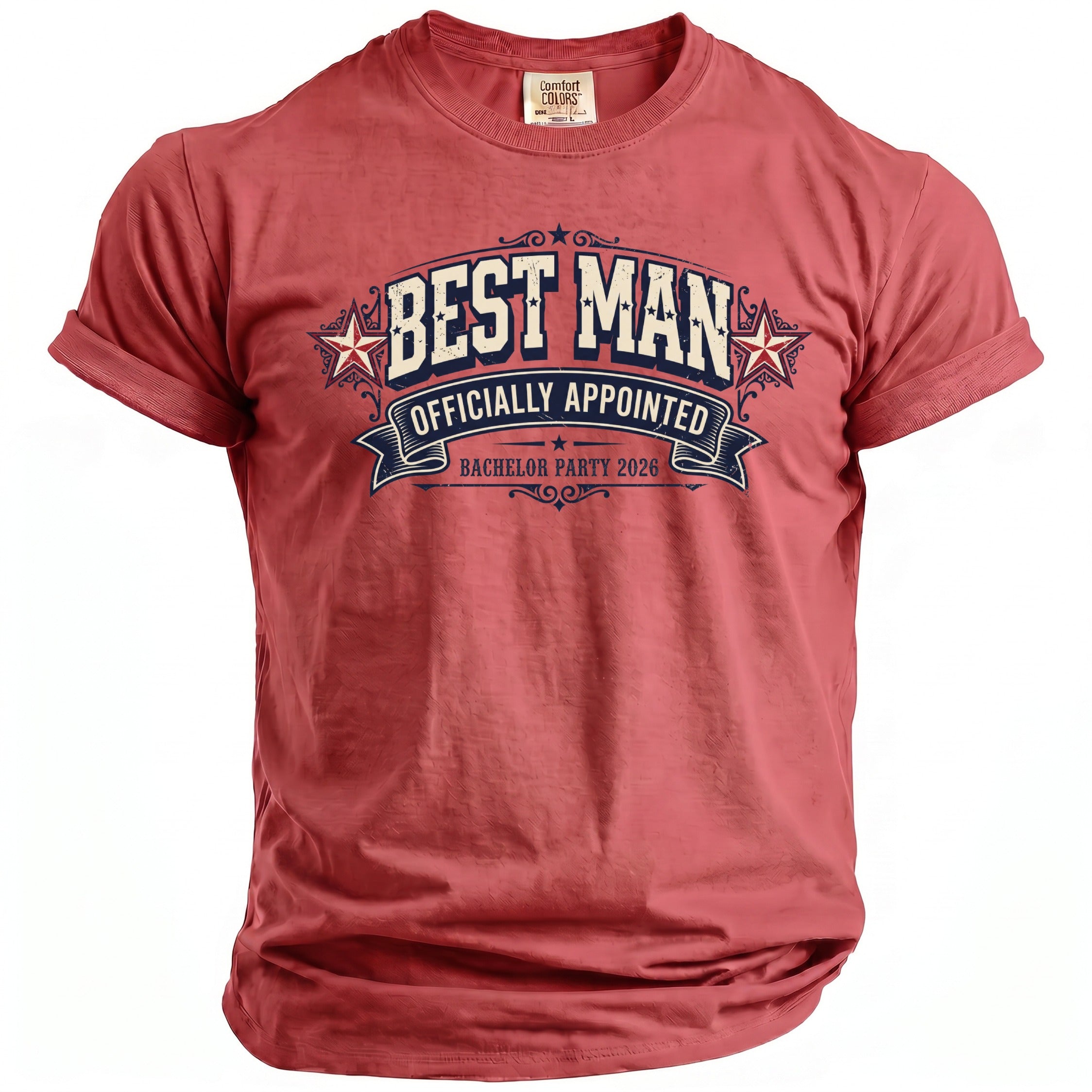 Red t-shirt with "BEST MAN OFFICIALLY APPOINTED BACHELOR PARTY 2026" graphic.