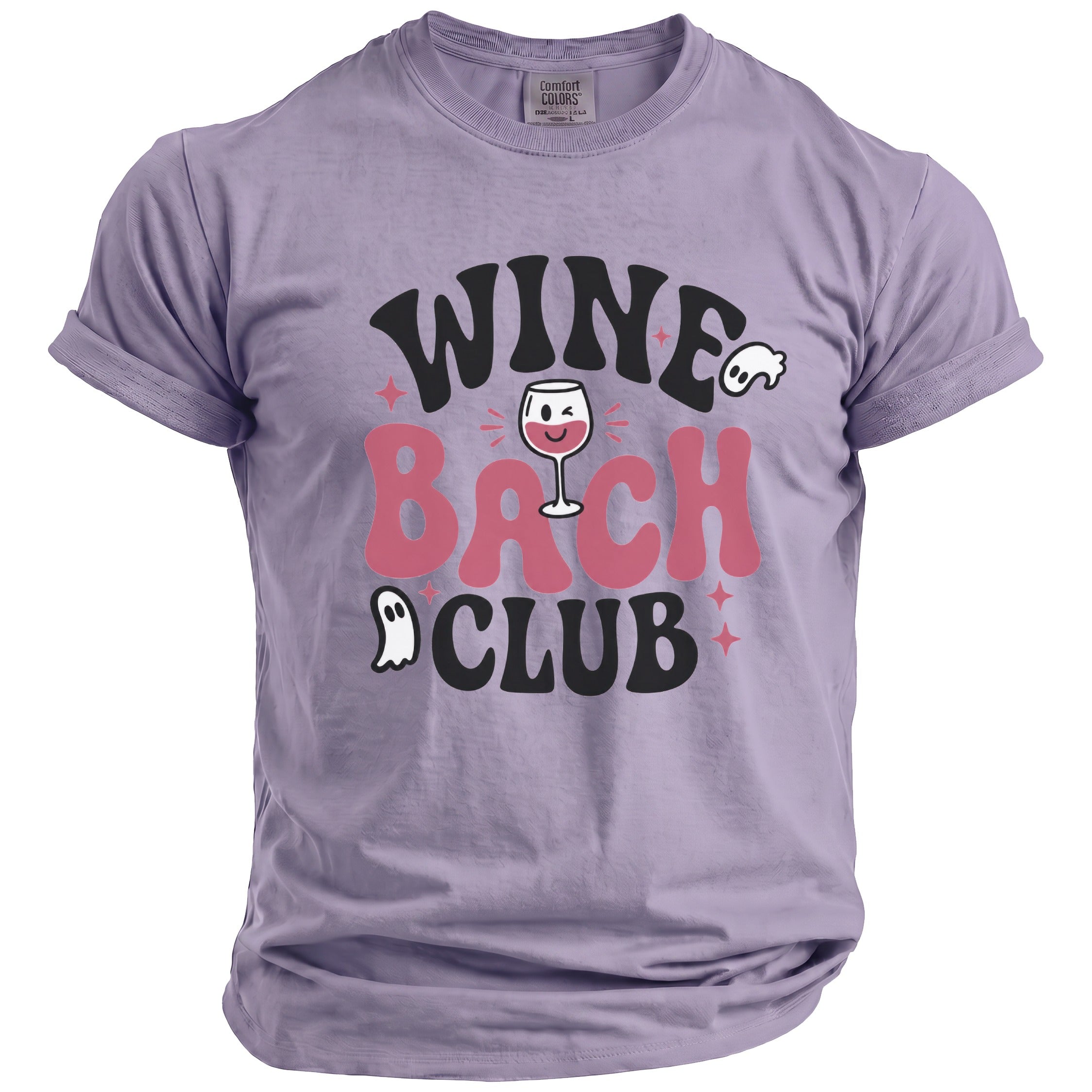 Purple t-shirt with "Wine Bach Club" text, a wine glass, and ghosts.