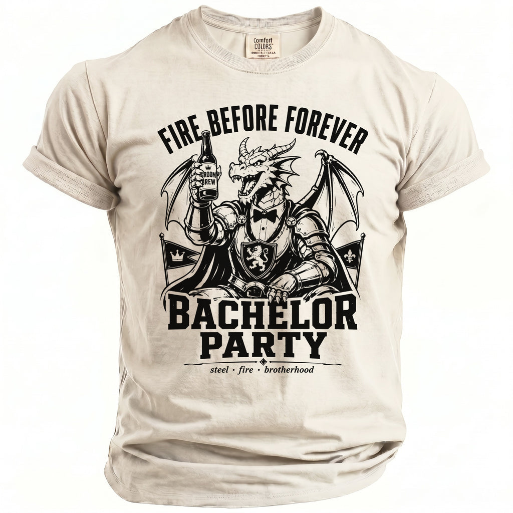 Beer-holding dragon graphic on a cream t-shirt with "Fire Before Forever Bachelor Party" text.
