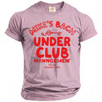 Pink t-shirt with red text "Mike's Bach Under Club Mannagement LA, CA Summer 2026" artwork.