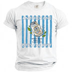 White t-shirt with blue stripes, broken beer can, "Single Life", "Mike's Bach Malibu, CA Summer 2026", and "Bites The Dust".
