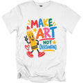 White t-shirt with cartoon pencil and text "MAKE ART NOT OVERTHINKING".