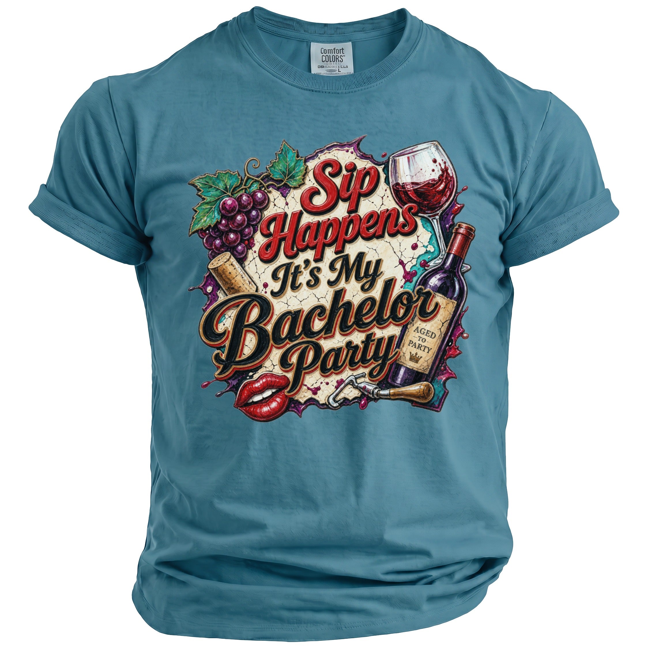 Blue t-shirt with "Sip Happens It's My Bachelor Party" graphic, wine, and lips.