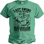 Dragon golfer graphic with text "Last Swing Before the Ring" and "Bachelor Golf Weekend par, fire, forever".