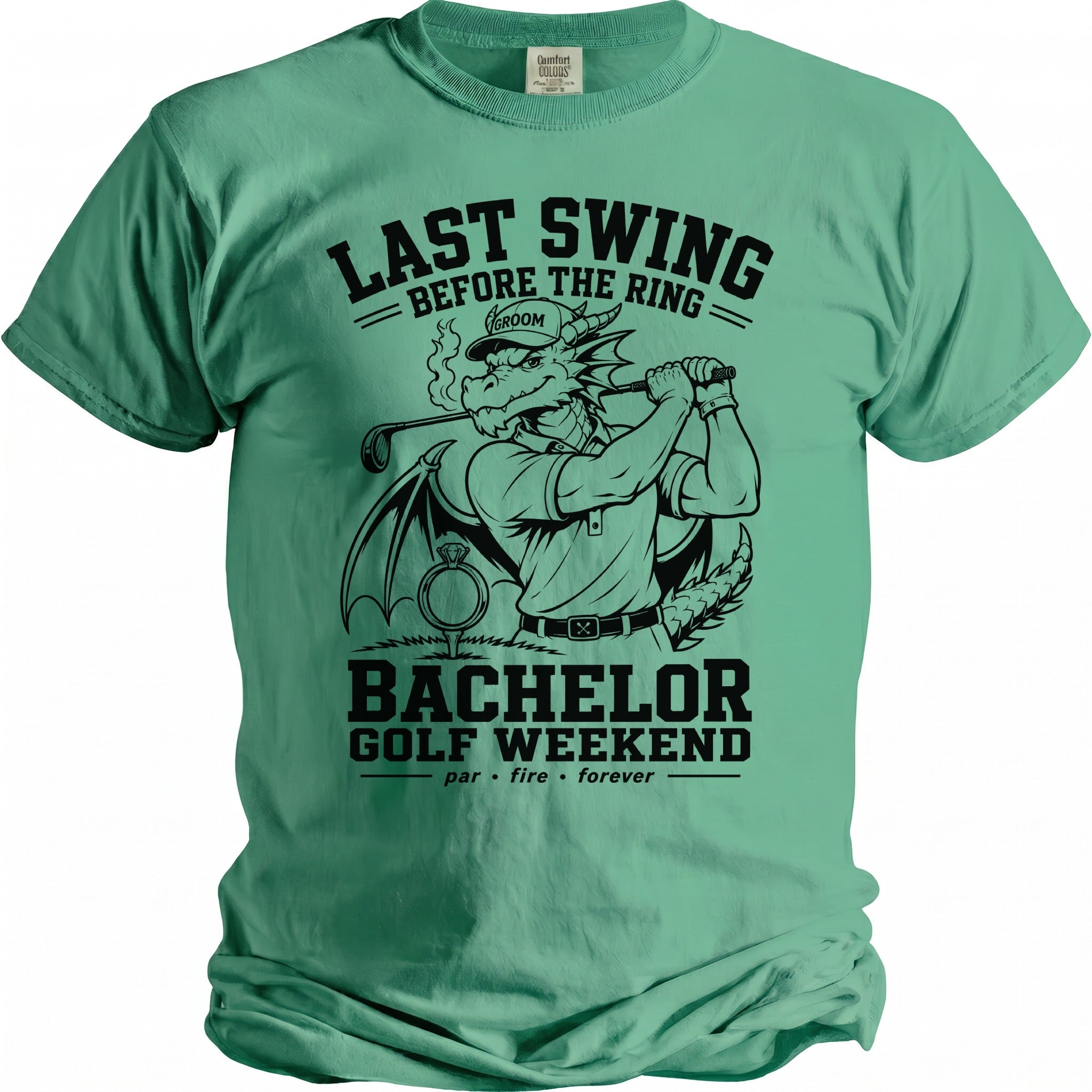 Dragon golfer graphic with text "Last Swing Before the Ring" and "Bachelor Golf Weekend par, fire, forever".