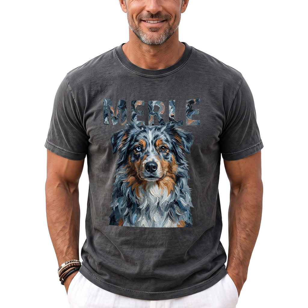 T-shirt with a painted dog portrait and the word "MERLE" in abstract letters.