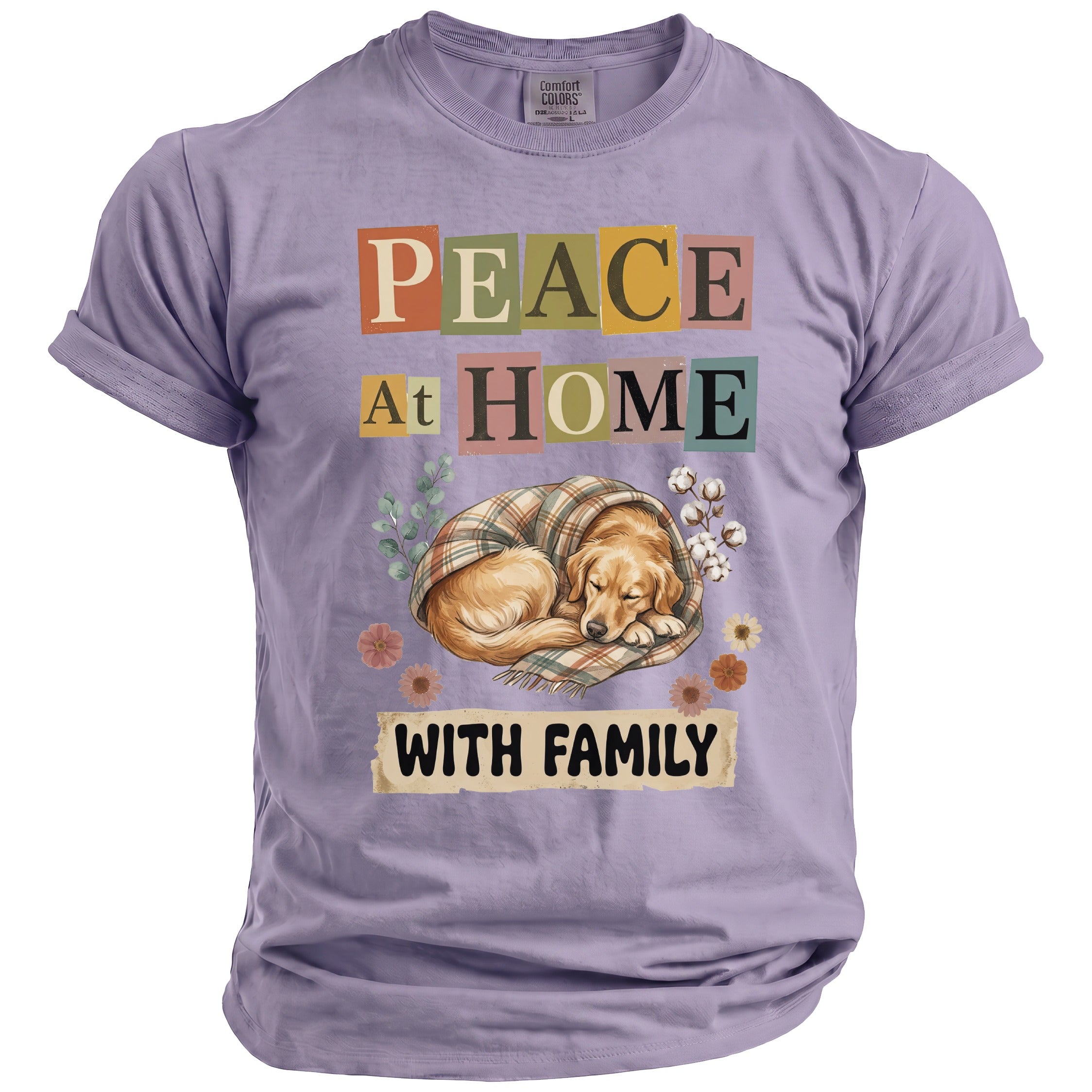 Purple t-shirt with "PEACE At HOME WITH FAMILY" text and a sleeping dog.