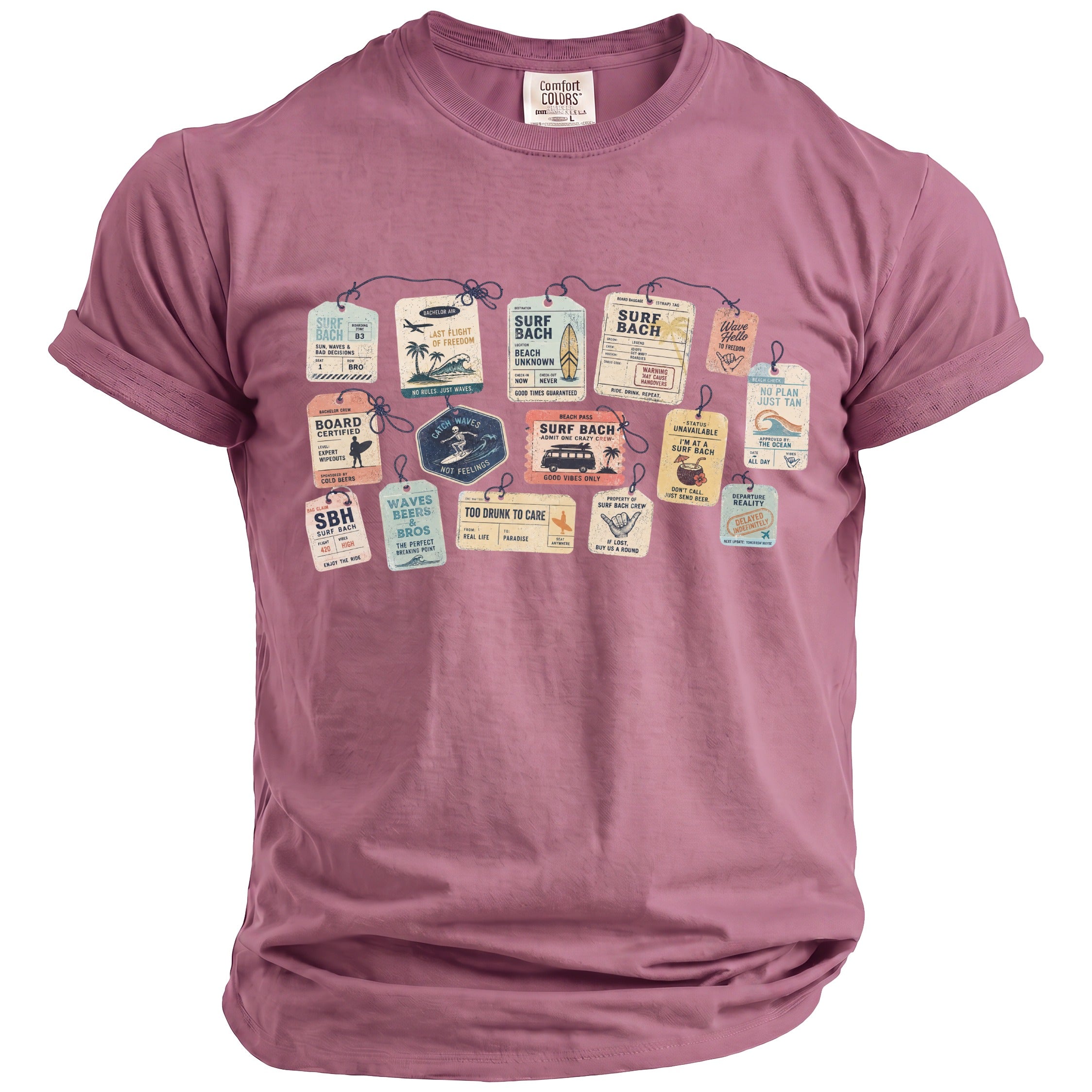 Purple t-shirt with surf-themed luggage tags graphic, "Surf Bach" text.