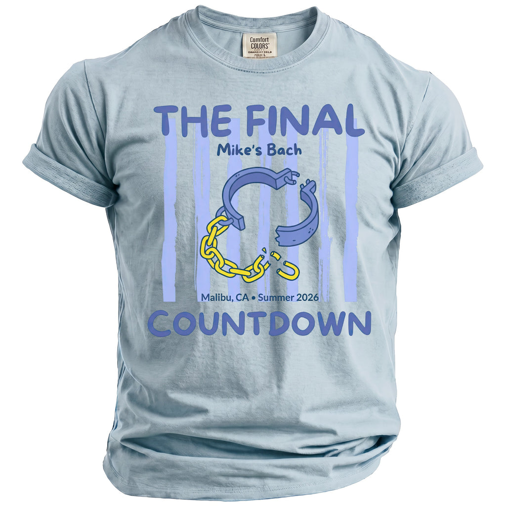 Light blue t-shirt with "The Final Countdown" and broken chains graphic.
